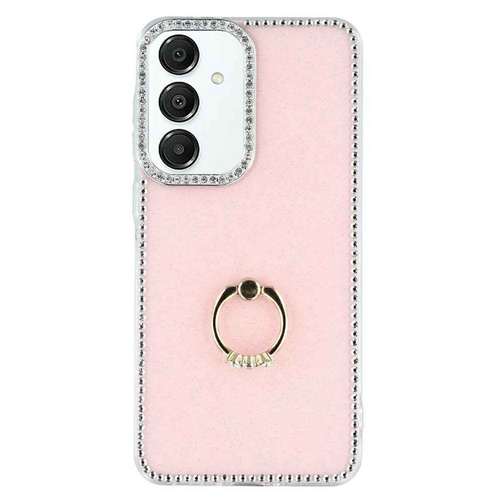 For Samsung Galaxy A57 5G Case with Ring Kickstand Rhinestone Edge TPU + PC IMD Phone Cover - Glitter Light Pink