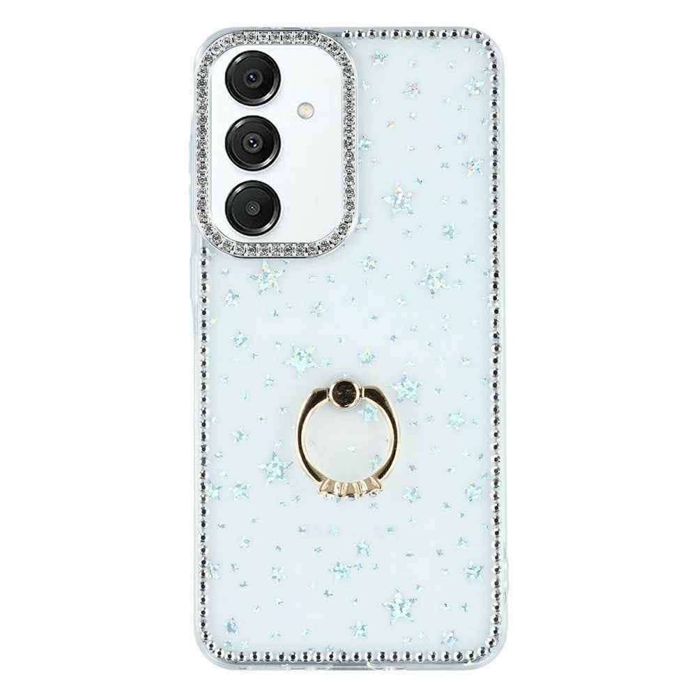 For Samsung Galaxy A57 5G Case with Ring Kickstand Rhinestone Edge TPU + PC IMD Phone Cover - Starry Transparent