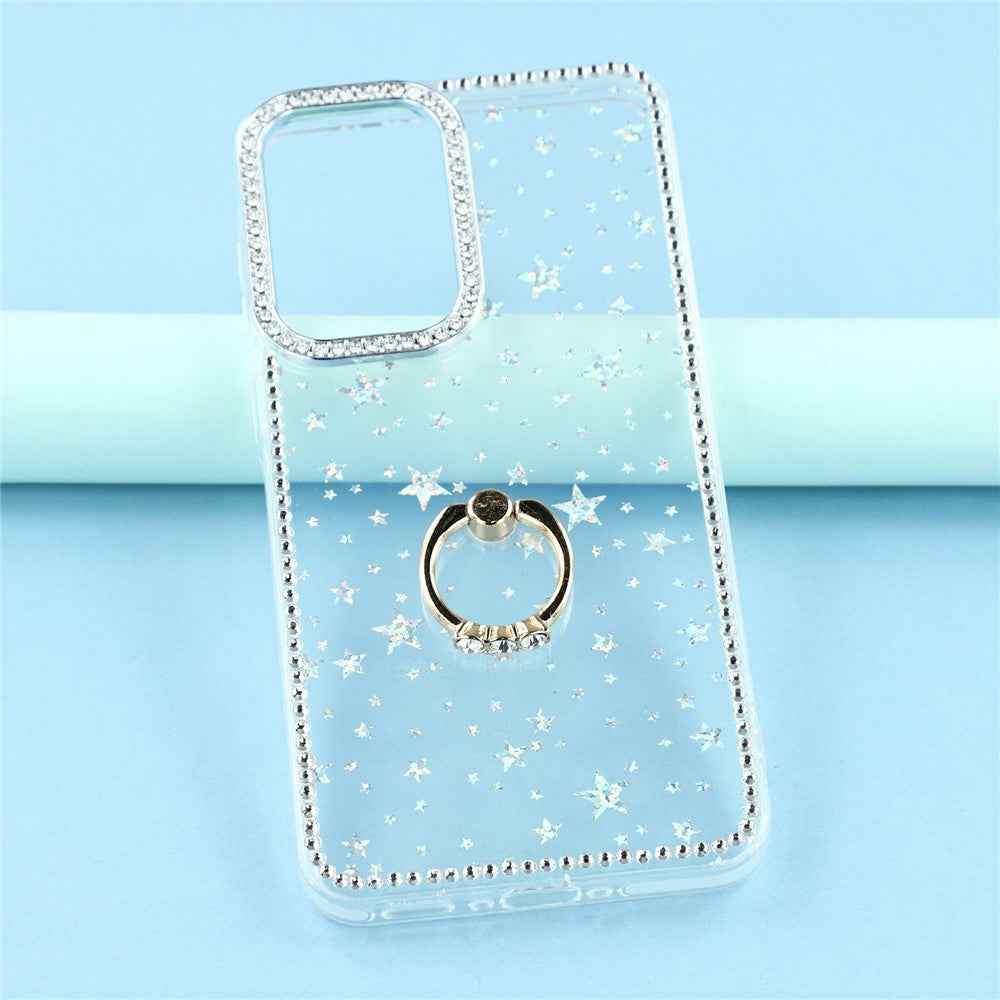 For Samsung Galaxy A57 5G Case with Ring Kickstand Rhinestone Edge TPU + PC IMD Phone Cover - Starry Transparent