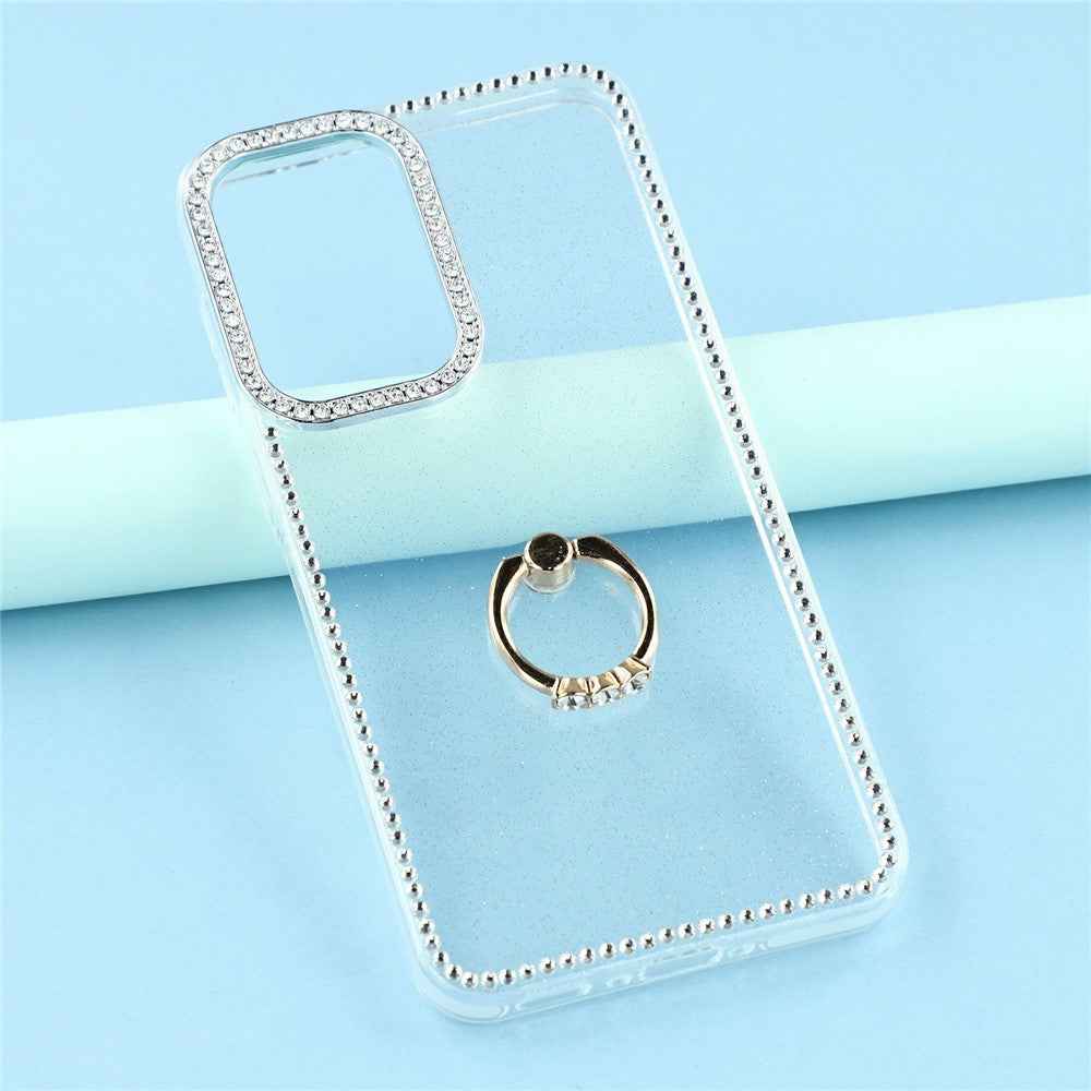 For Samsung Galaxy A57 5G Case with Ring Kickstand Rhinestone Edge TPU + PC IMD Phone Cover - Glitter Transparent