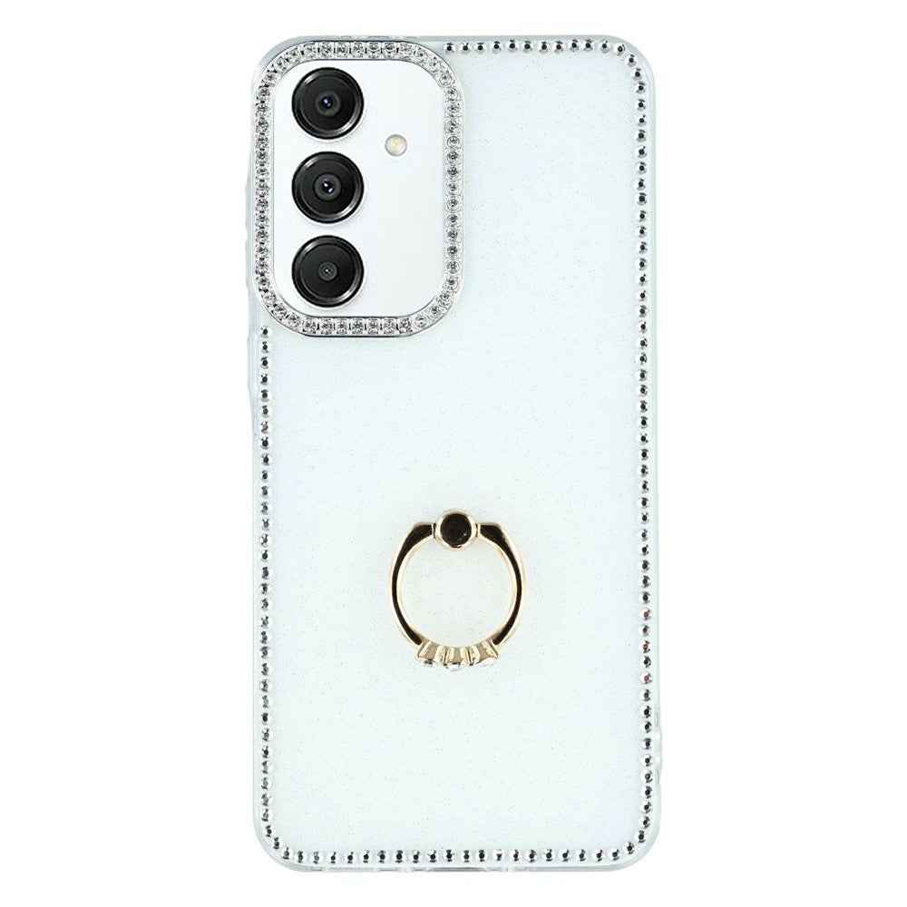 For Samsung Galaxy A57 5G Case with Ring Kickstand Rhinestone Edge TPU + PC IMD Phone Cover - Glitter White