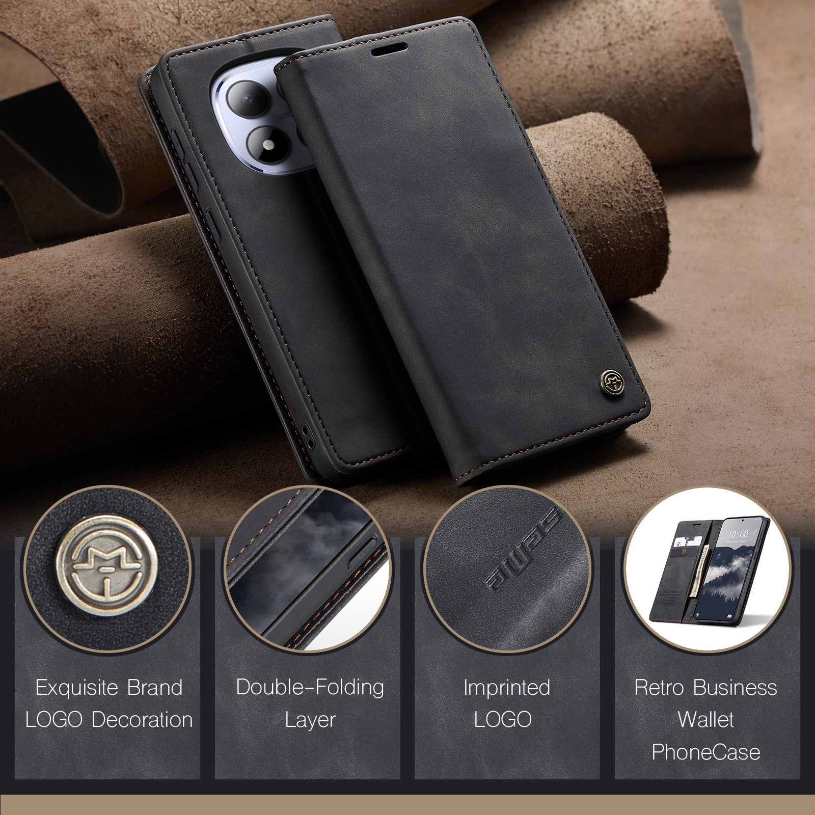 For Xiaomi Redmi Note 15 Pro 5G (Global) Wallet Case CASEME 013 Series PU Leather Phone Cover Stand - Black