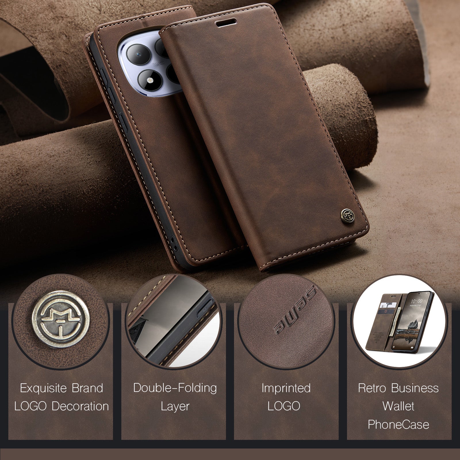 For Xiaomi Redmi Note 15 Pro 4G (Global) Wallet Case CASEME 013 Series PU Leather Phone Cover Stand - Coffee