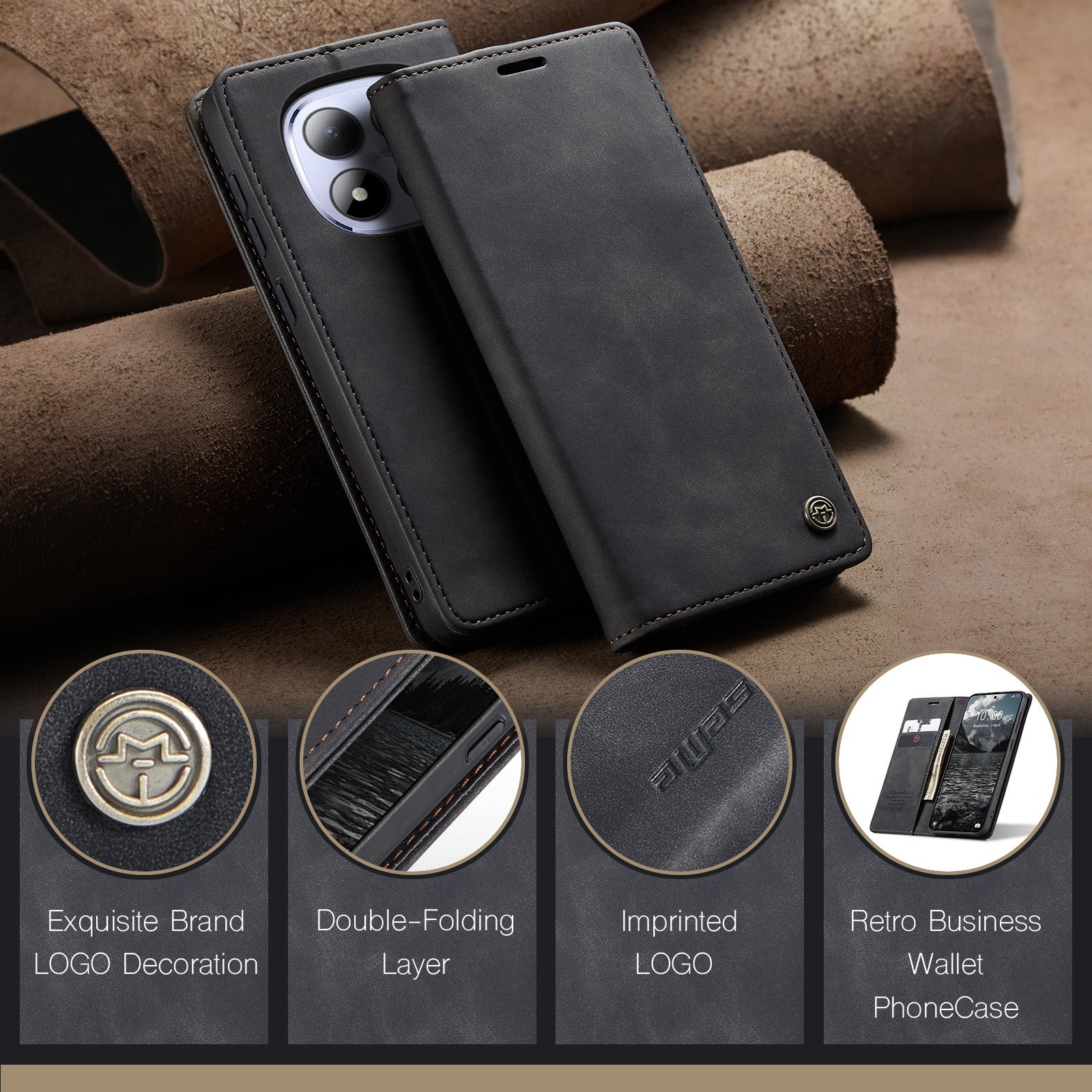 For Xiaomi Redmi Note 15 Pro 4G (Global) Wallet Case CASEME 013 Series PU Leather Phone Cover Stand - Black