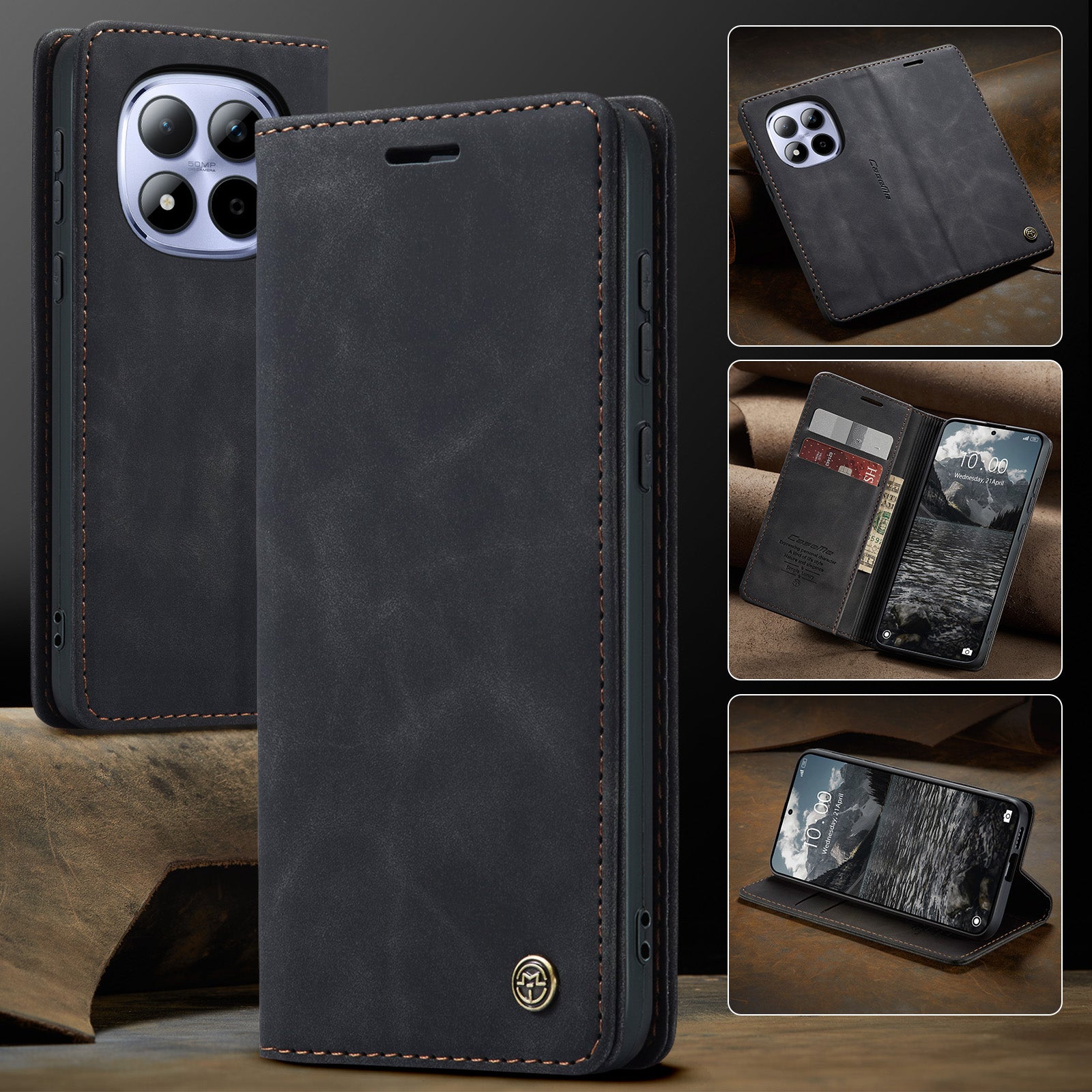 For Xiaomi Redmi Note 15 Pro 4G (Global) Wallet Case CASEME 013 Series PU Leather Phone Cover Stand - Black