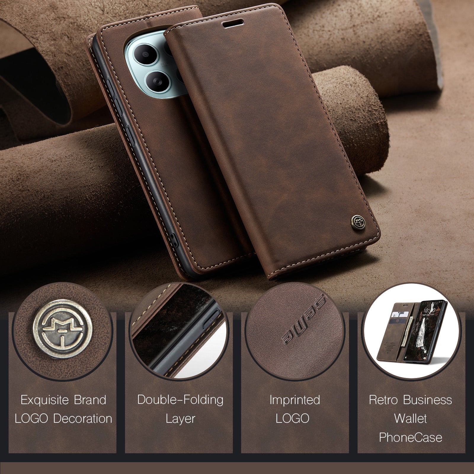 For Xiaomi Redmi Note 15 5G (Global) / Xiaomi Poco M8 5G / Xiaomi Redmi Note 15 4G (Global) Wallet Case CASEME 013 Series PU Leather Phone Cover Stand - Coffee