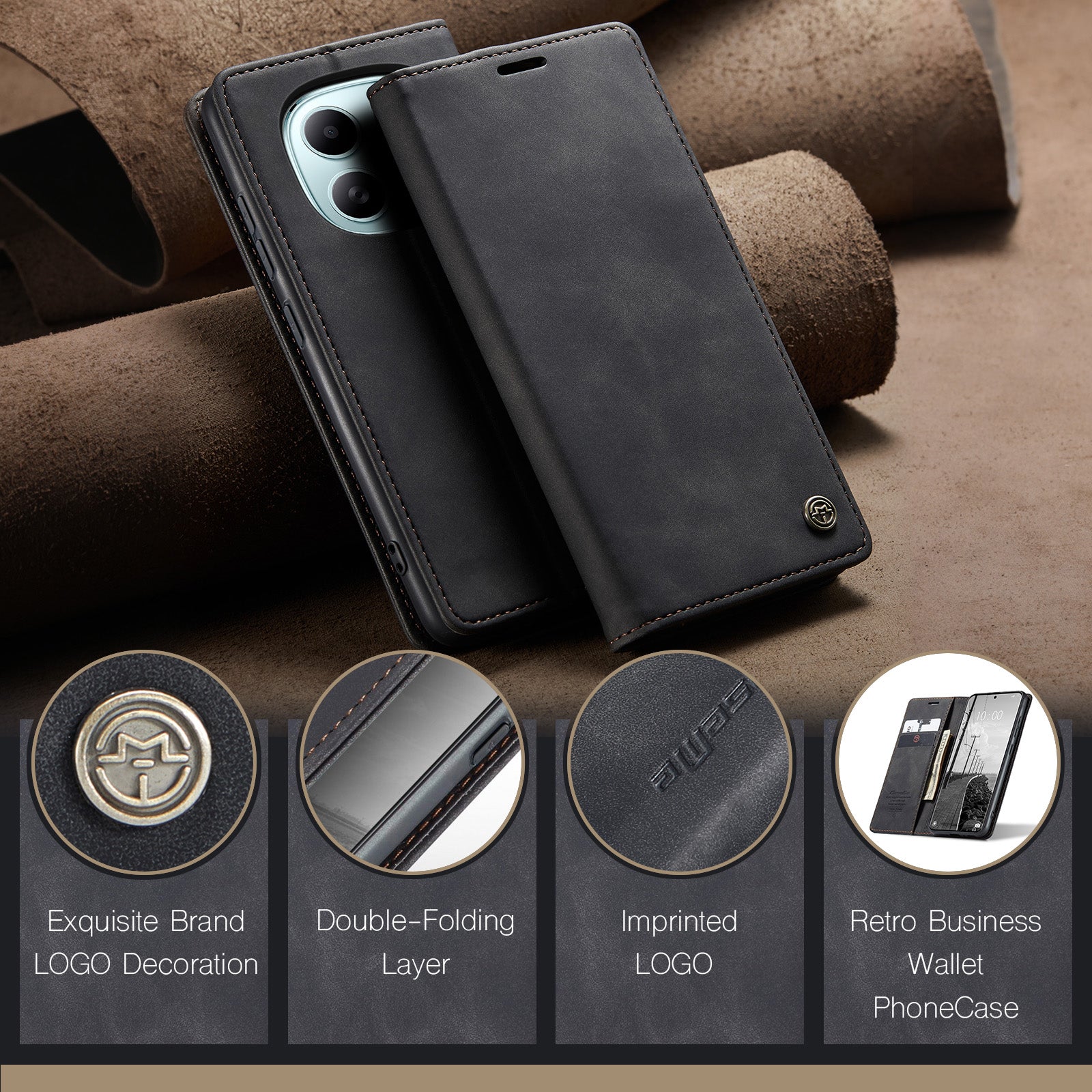 For Xiaomi Redmi Note 15 5G (Global) / Xiaomi Poco M8 5G / Xiaomi Redmi Note 15 4G (Global) Wallet Case CASEME 013 Series PU Leather Phone Cover Stand - Black