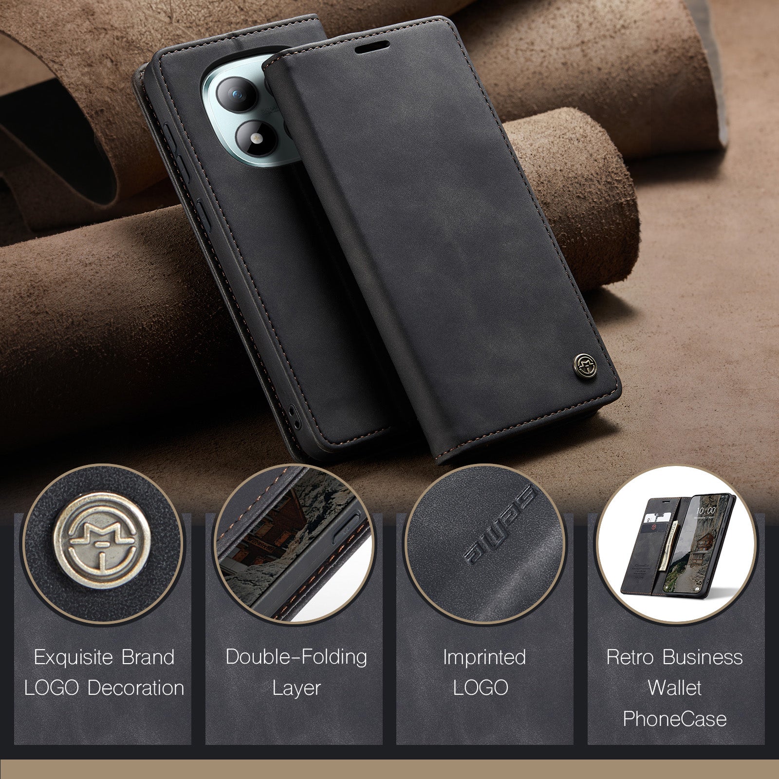 For Xiaomi Poco M8 Pro 5G / Xiaomi Redmi Note 15 Pro+ 5G (Global) Wallet Case CASEME 013 Series PU Leather Phone Cover Stand - Black