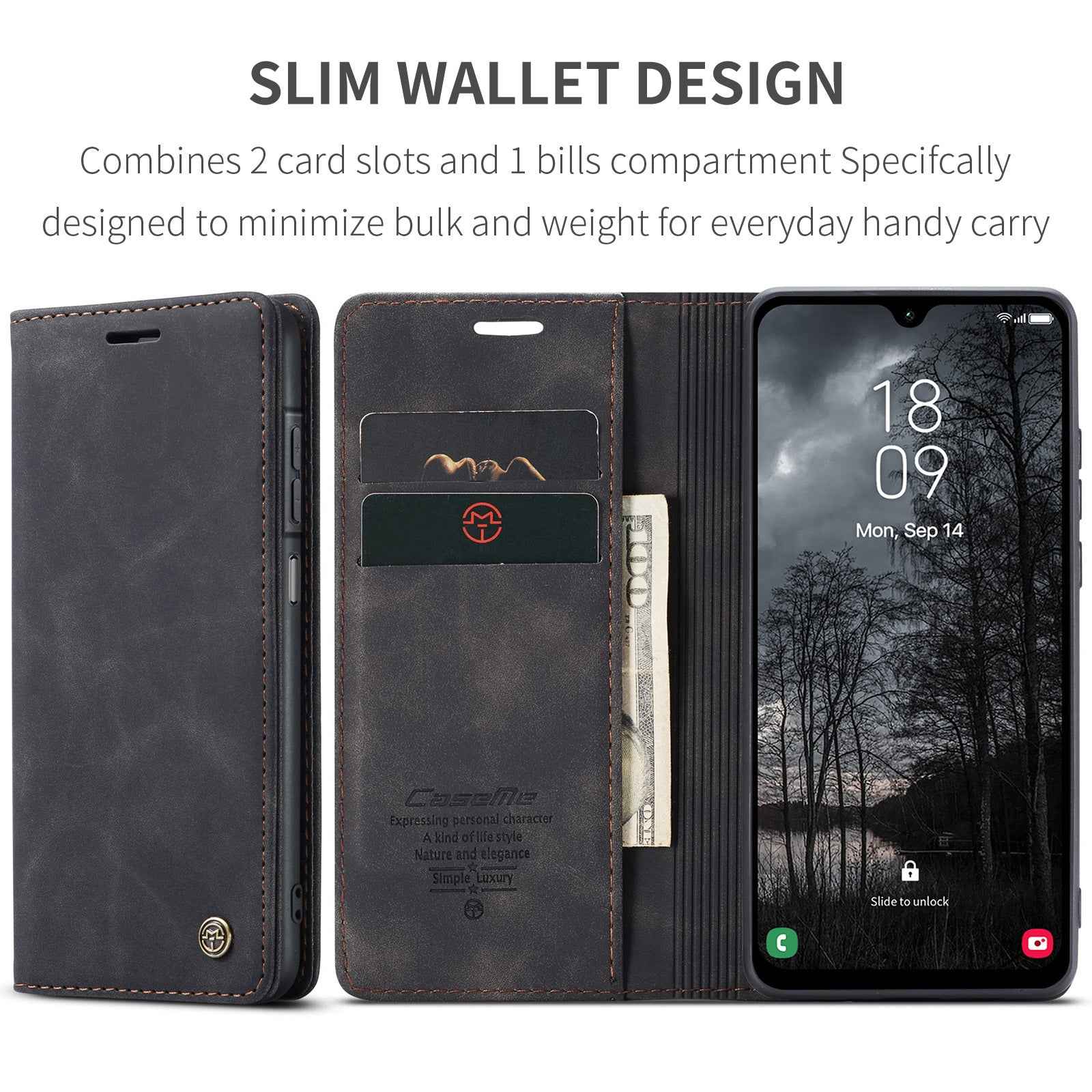 For Samsung Galaxy A57 5G Wallet Case CASEME 013 Series PU Leather Phone Cover Stand - Black