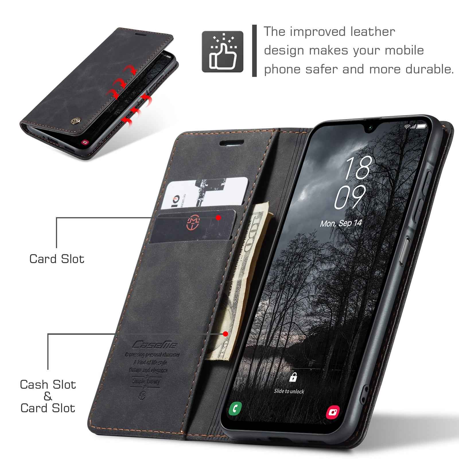 For Samsung Galaxy A57 5G Wallet Case CASEME 013 Series PU Leather Phone Cover Stand - Black