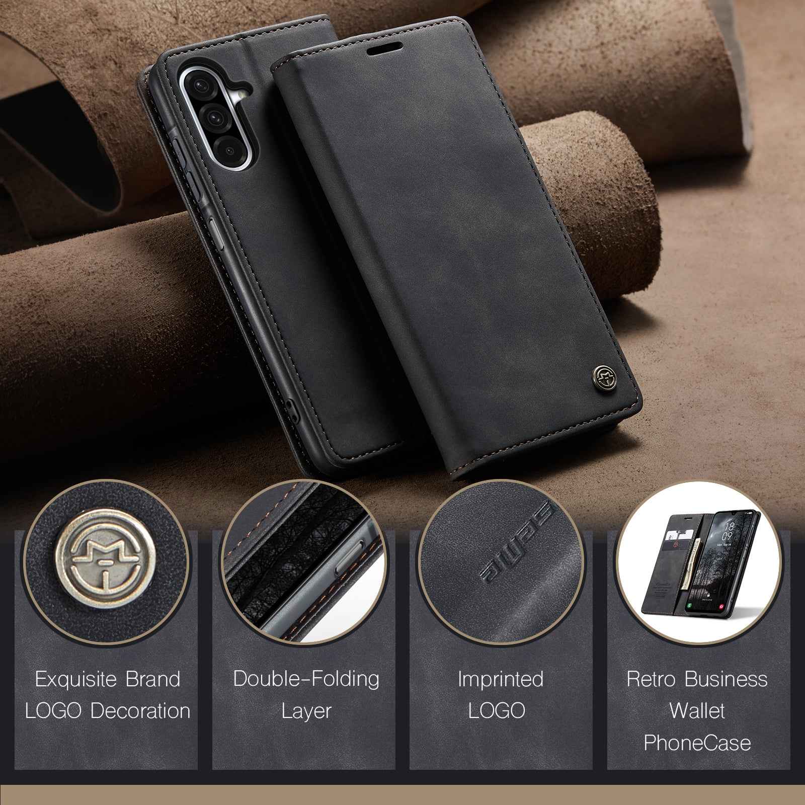 For Samsung Galaxy A57 5G Wallet Case CASEME 013 Series PU Leather Phone Cover Stand - Black
