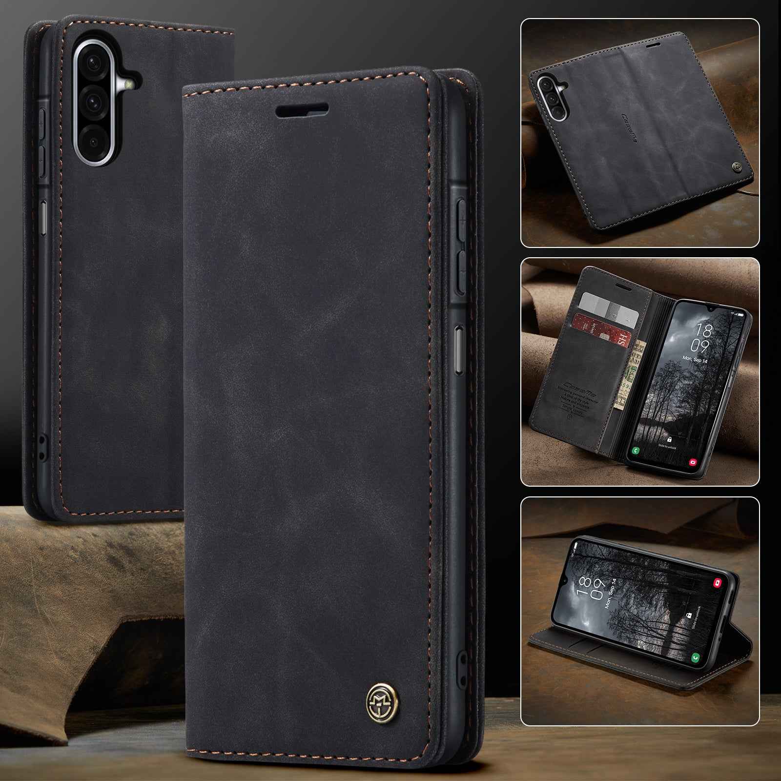 For Samsung Galaxy A57 5G Wallet Case CASEME 013 Series PU Leather Phone Cover Stand - Black
