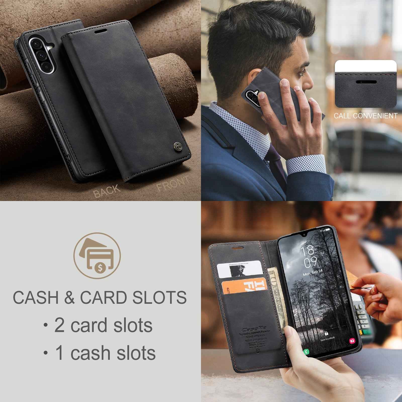 For Samsung Galaxy A57 5G Wallet Case CASEME 013 Series PU Leather Phone Cover Stand - Black