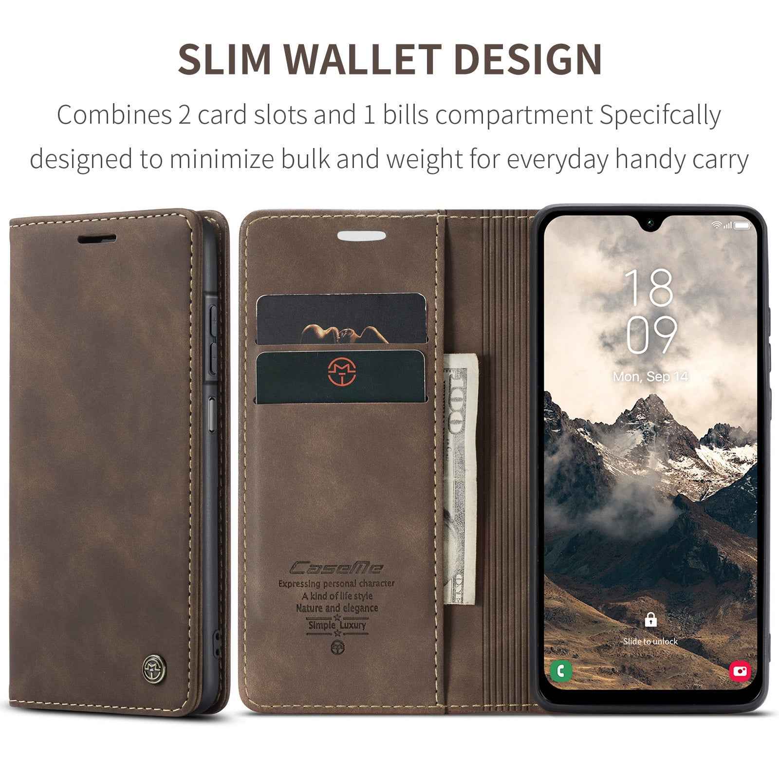For Samsung Galaxy A57 5G Wallet Case CASEME 013 Series PU Leather Phone Cover Stand - Coffee