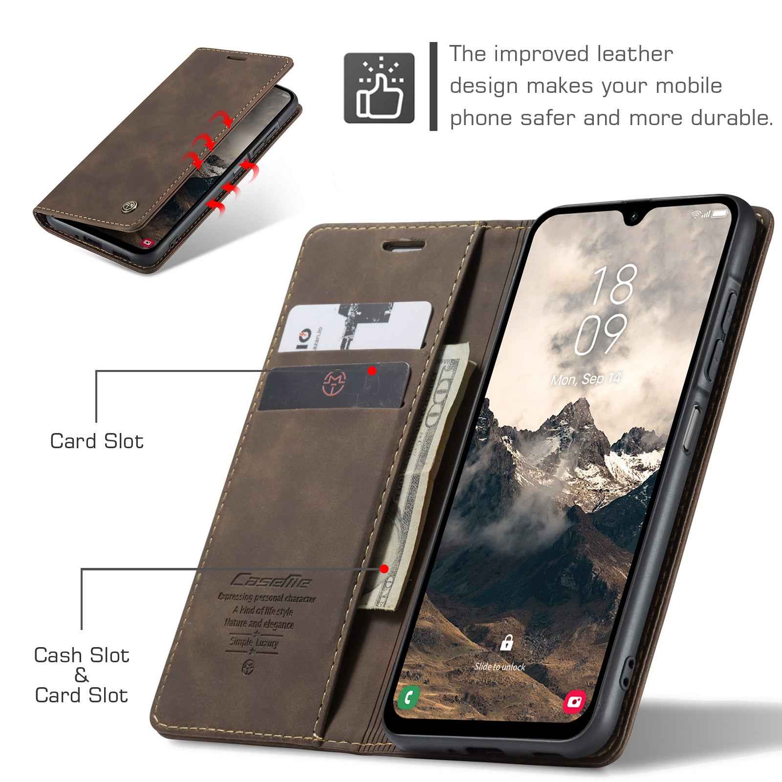 For Samsung Galaxy A57 5G Wallet Case CASEME 013 Series PU Leather Phone Cover Stand - Coffee