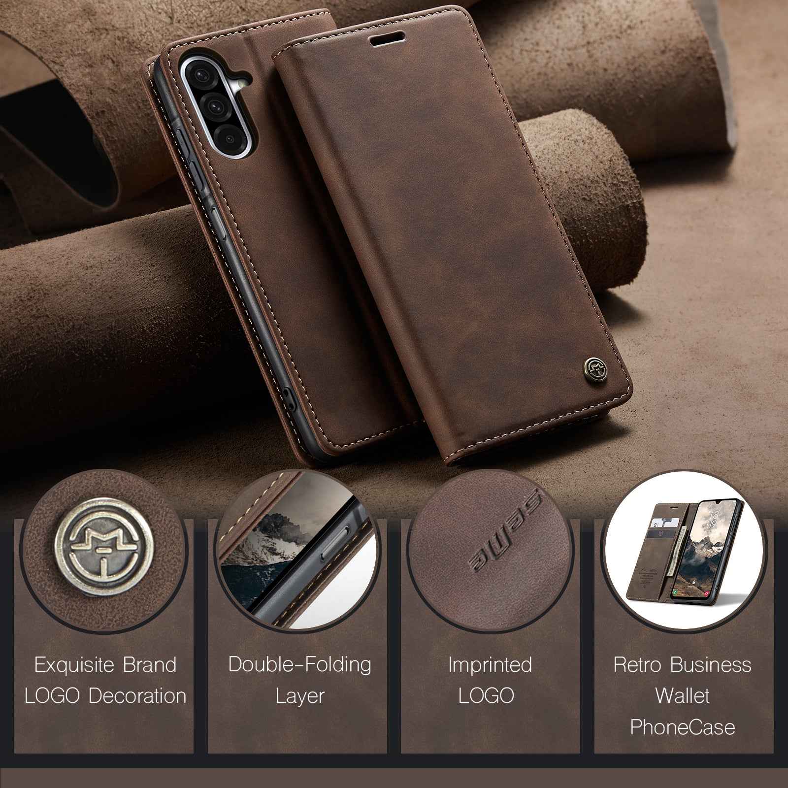For Samsung Galaxy A57 5G Wallet Case CASEME 013 Series PU Leather Phone Cover Stand - Coffee