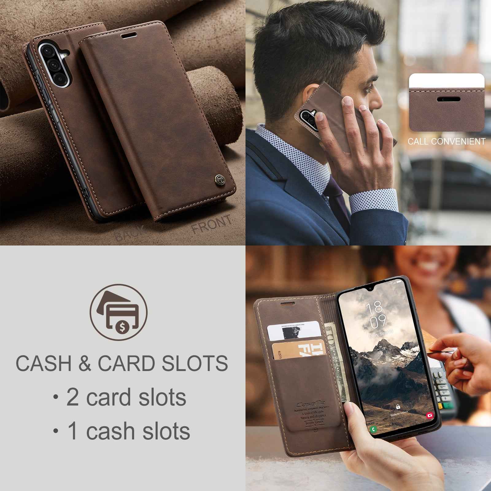 For Samsung Galaxy A57 5G Wallet Case CASEME 013 Series PU Leather Phone Cover Stand - Coffee