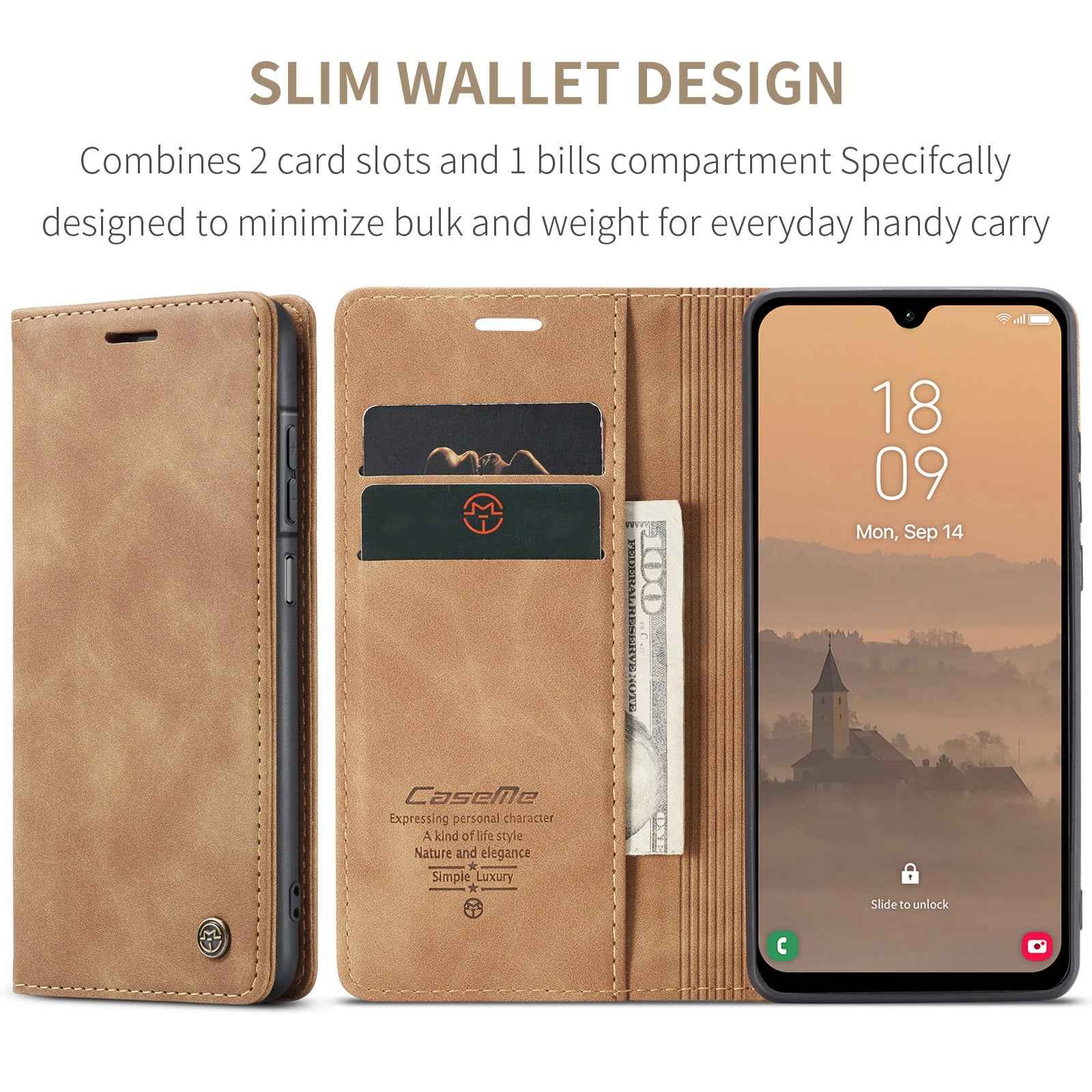 For Samsung Galaxy A57 5G Wallet Case CASEME 013 Series PU Leather Phone Cover Stand - Brown