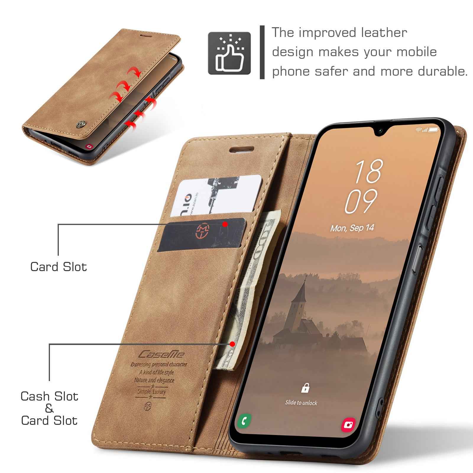 For Samsung Galaxy A57 5G Wallet Case CASEME 013 Series PU Leather Phone Cover Stand - Brown