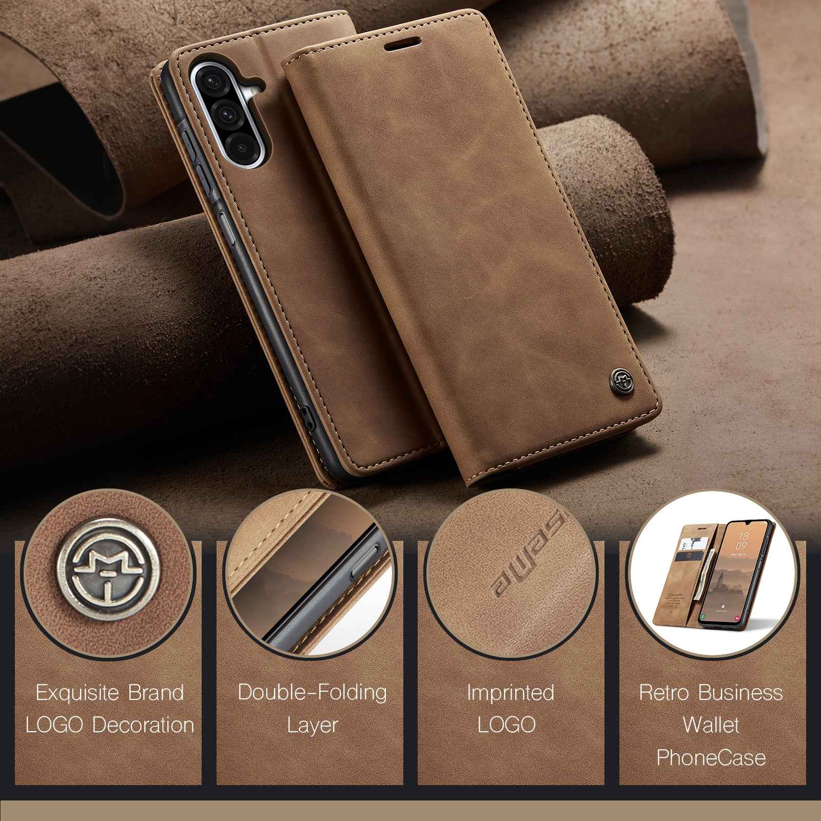 For Samsung Galaxy A57 5G Wallet Case CASEME 013 Series PU Leather Phone Cover Stand - Brown