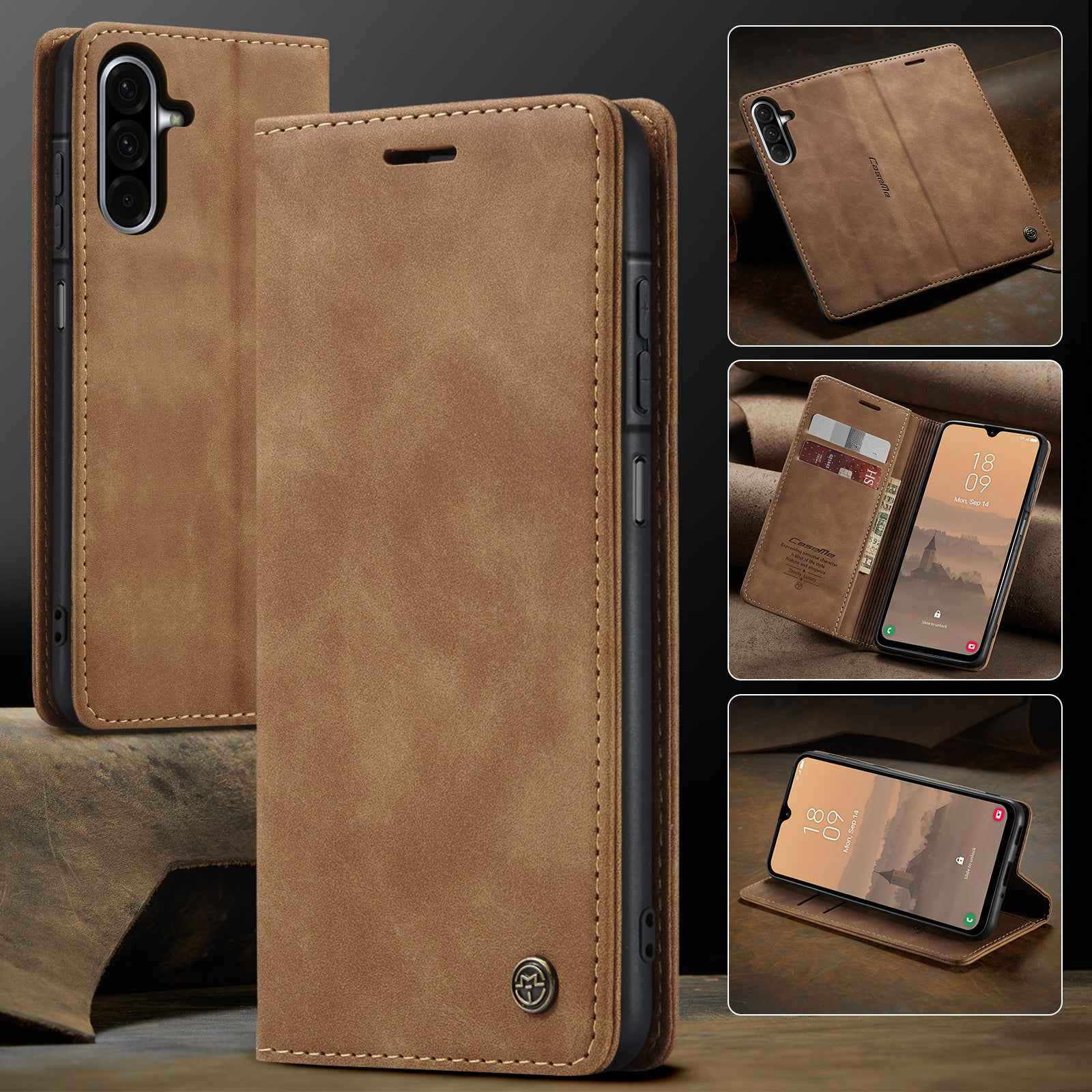 For Samsung Galaxy A57 5G Wallet Case CASEME 013 Series PU Leather Phone Cover Stand - Brown
