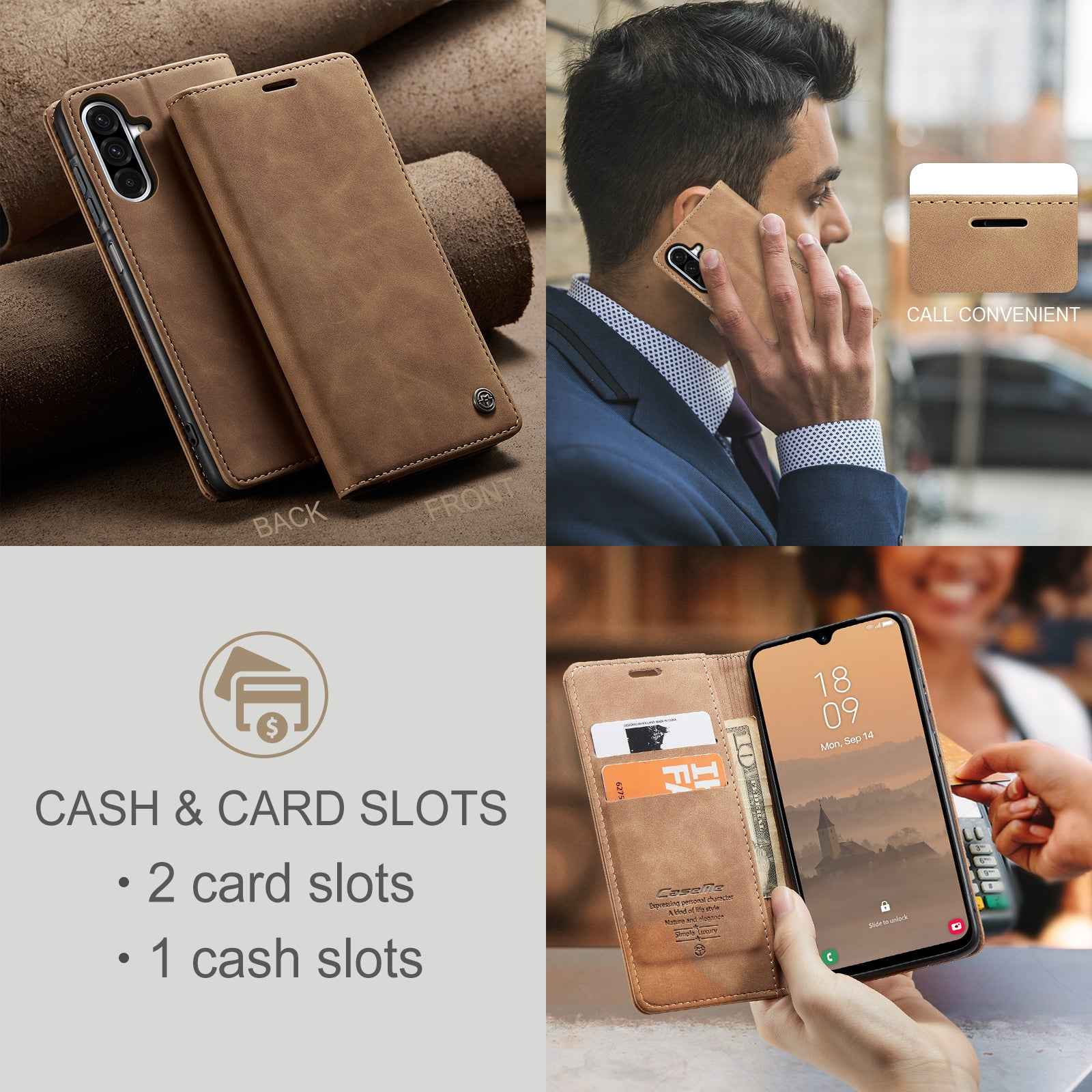 For Samsung Galaxy A57 5G Wallet Case CASEME 013 Series PU Leather Phone Cover Stand - Brown