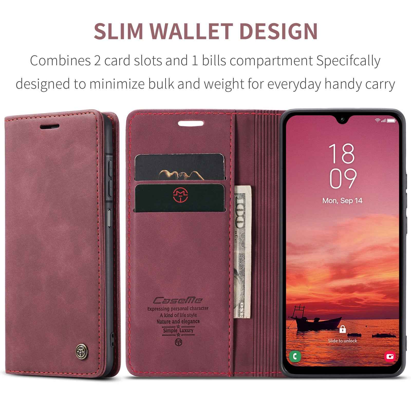 For Samsung Galaxy A57 5G Wallet Case CASEME 013 Series PU Leather Phone Cover Stand - Red