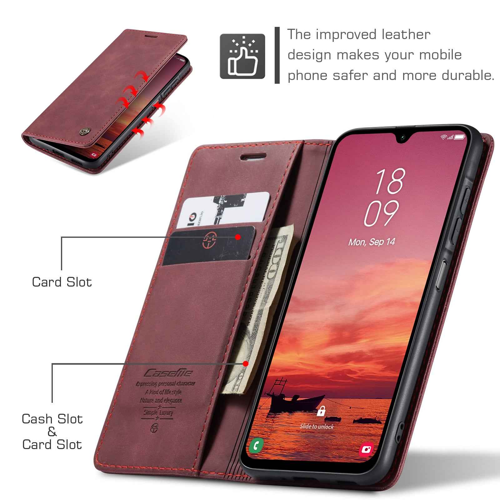 For Samsung Galaxy A57 5G Wallet Case CASEME 013 Series PU Leather Phone Cover Stand - Red