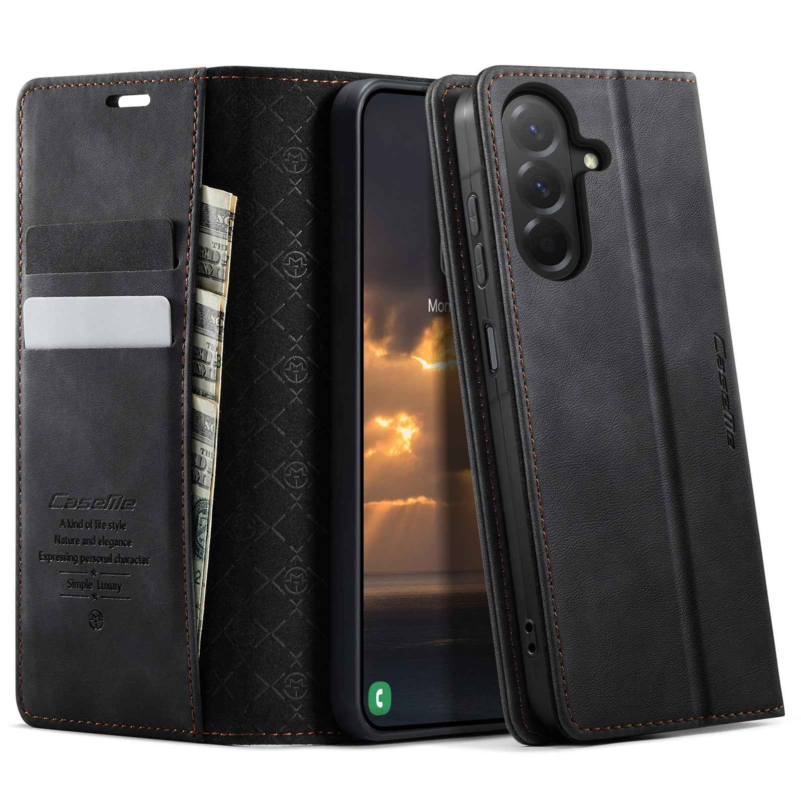For Samsung Galaxy A57 5G Case CASEME 033 Series RFID Blocking Wallet Stand Calf Texture Leather Phone Cover - Black