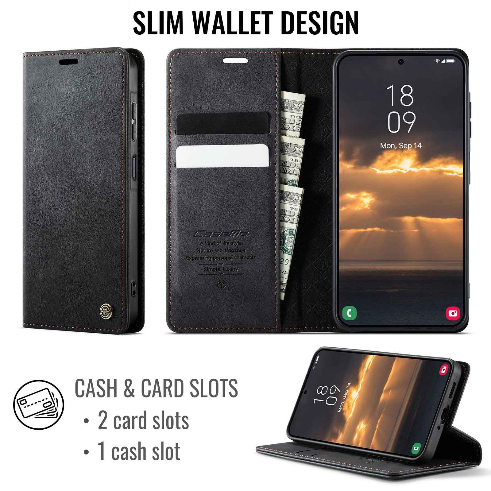 For Samsung Galaxy A57 5G Case CASEME 033 Series RFID Blocking Wallet Stand Calf Texture Leather Phone Cover - Black