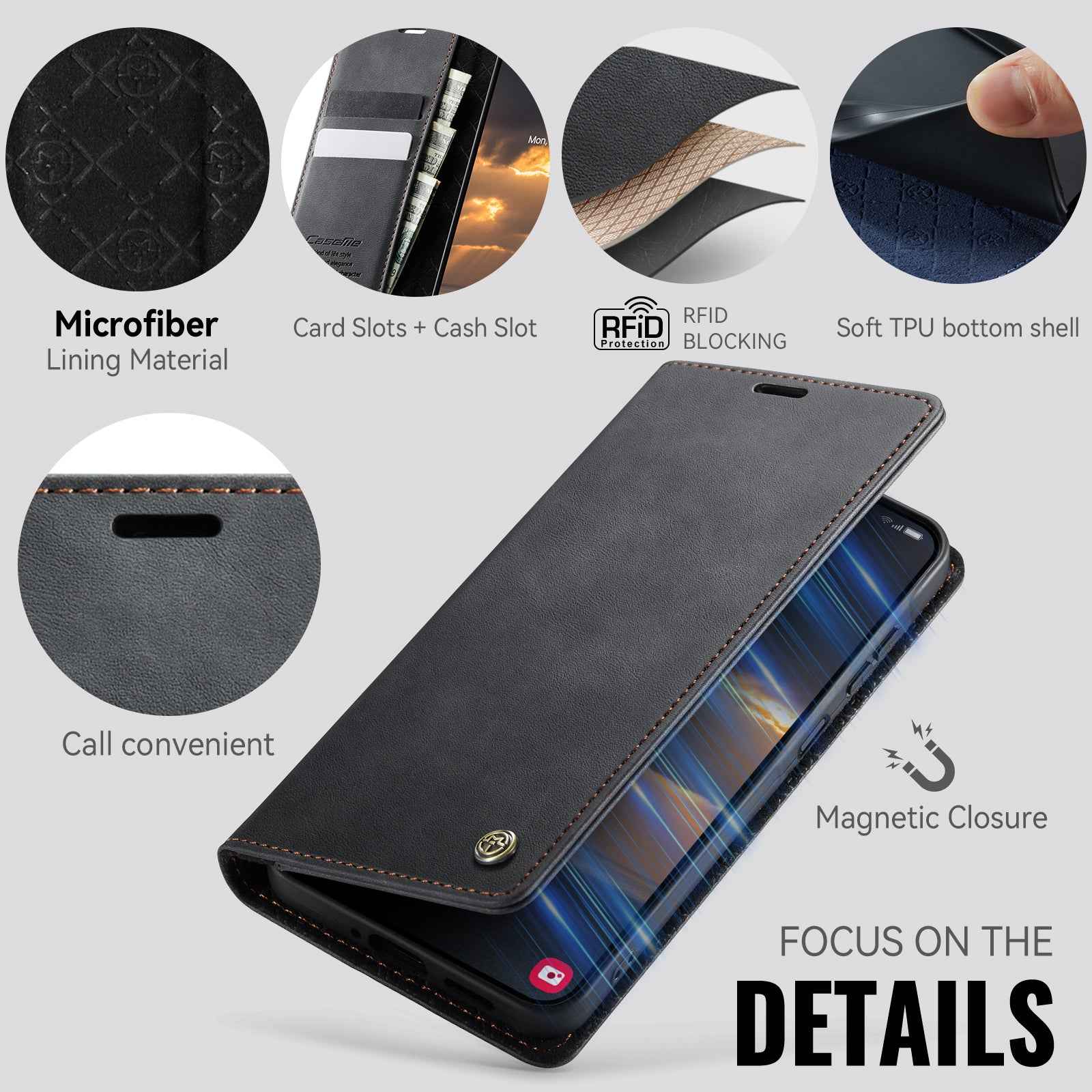 For Samsung Galaxy A57 5G Case CASEME 033 Series RFID Blocking Wallet Stand Calf Texture Leather Phone Cover - Black