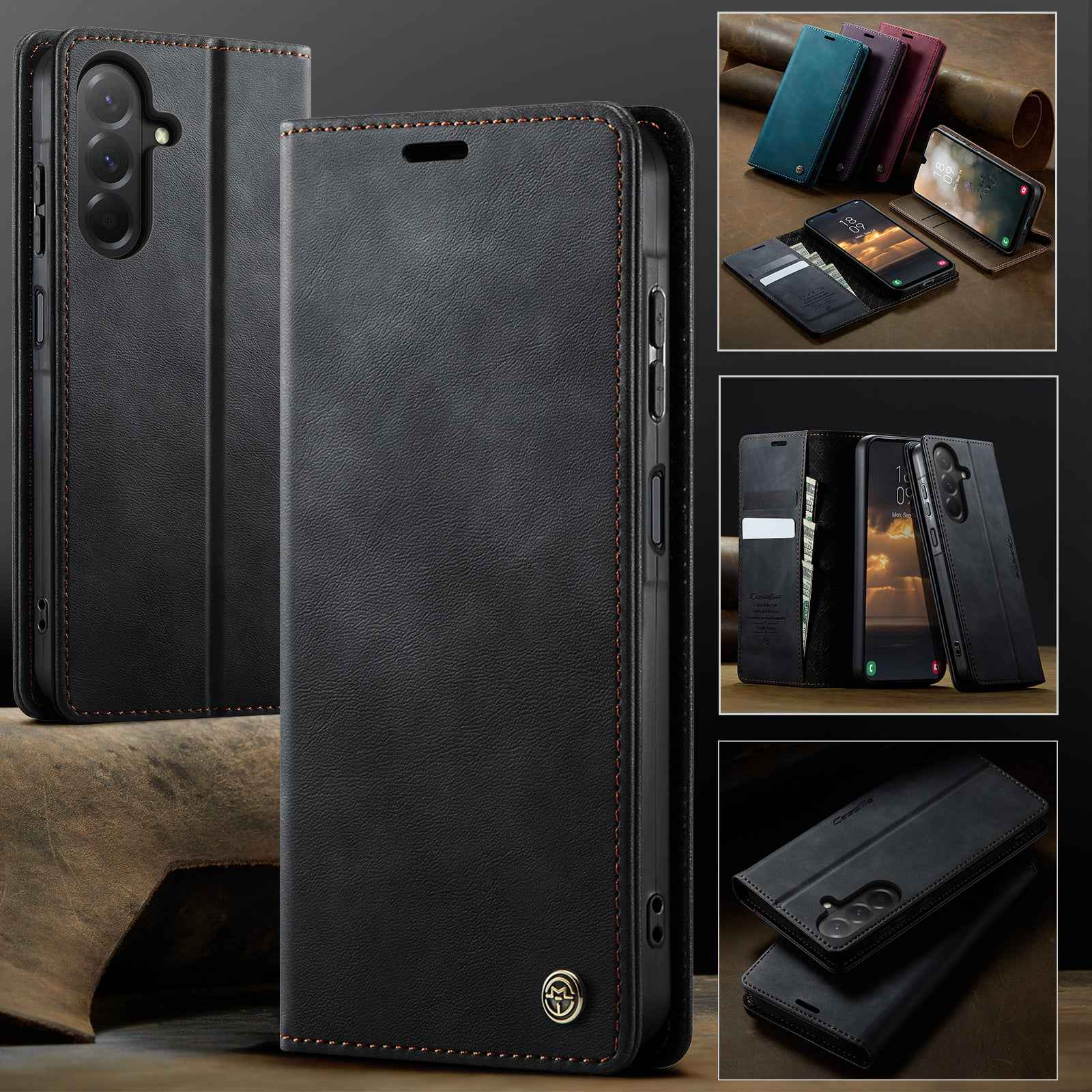 For Samsung Galaxy A57 5G Case CASEME 033 Series RFID Blocking Wallet Stand Calf Texture Leather Phone Cover - Black