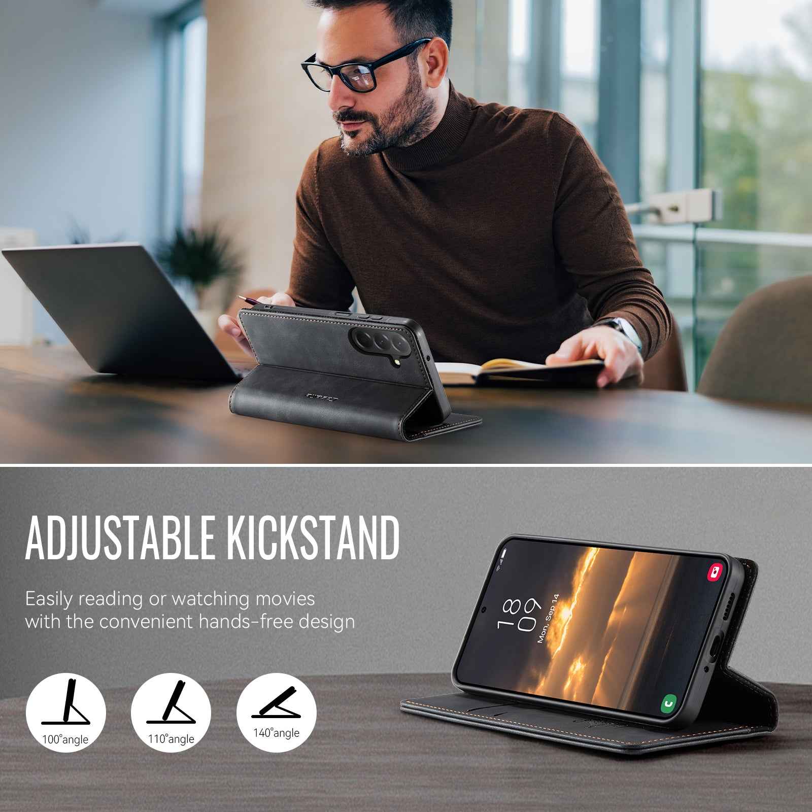 For Samsung Galaxy A57 5G Case CASEME 033 Series RFID Blocking Wallet Stand Calf Texture Leather Phone Cover - Black