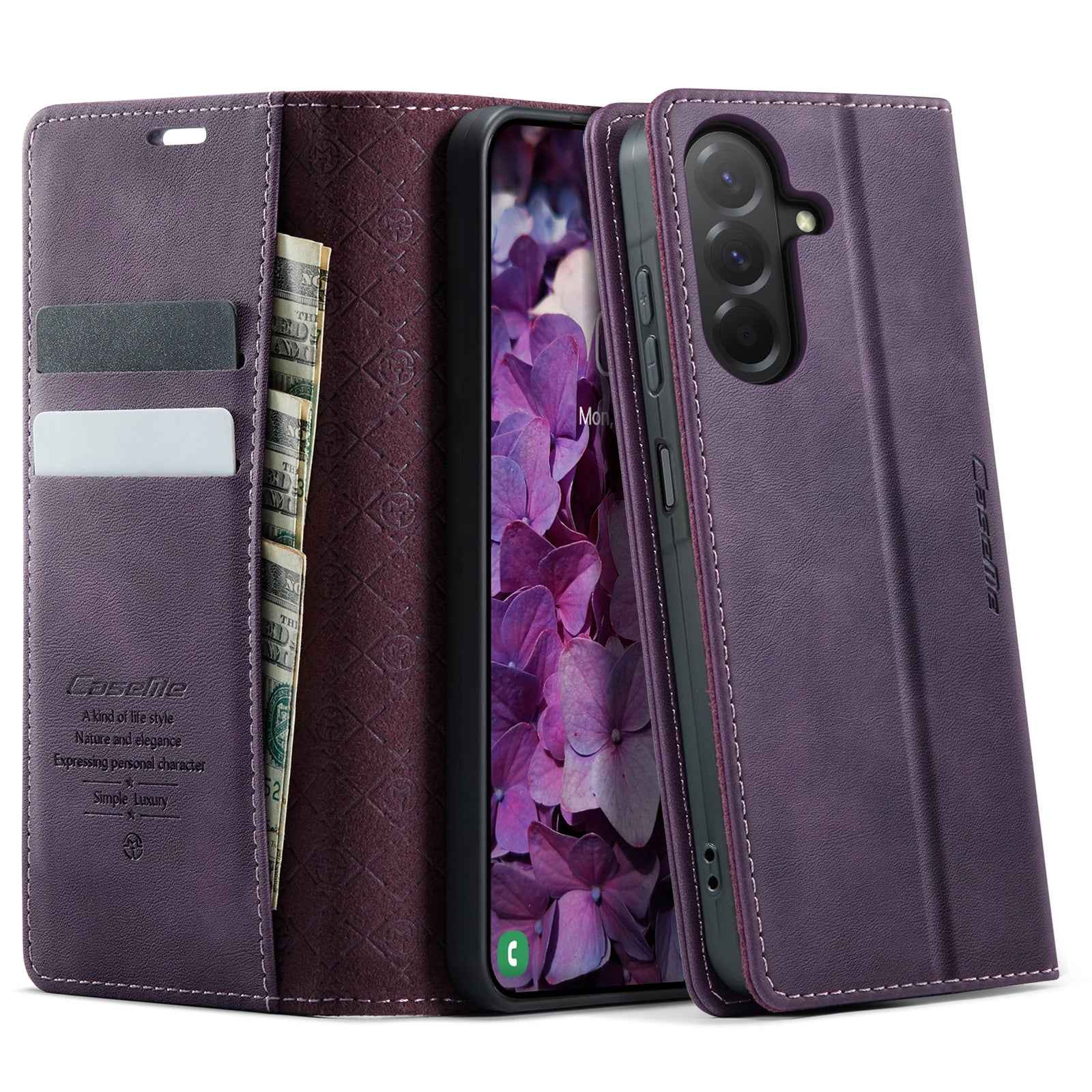 For Samsung Galaxy A57 5G Case CASEME 033 Series RFID Blocking Wallet Stand Calf Texture Leather Phone Cover - Purple