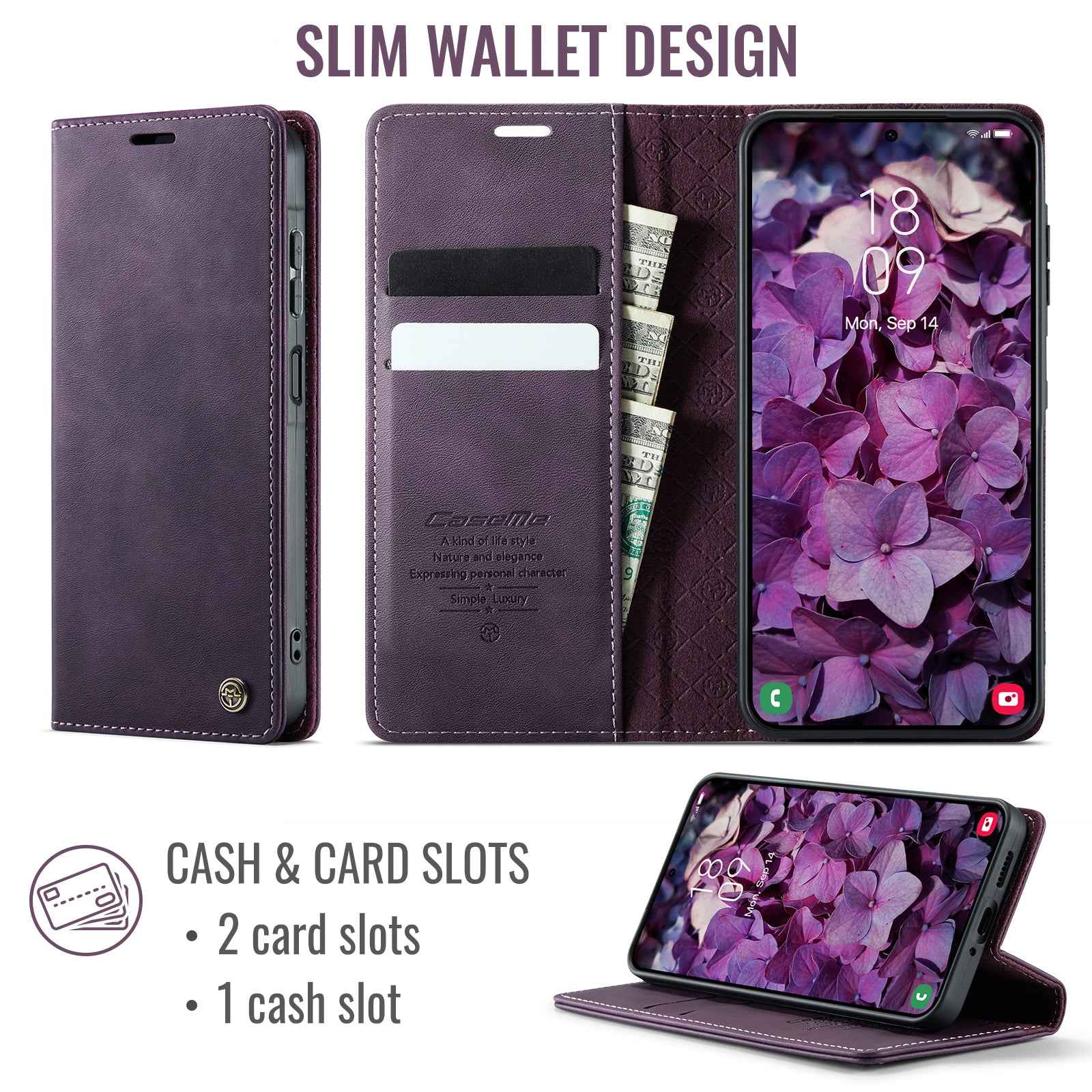 For Samsung Galaxy A57 5G Case CASEME 033 Series RFID Blocking Wallet Stand Calf Texture Leather Phone Cover - Purple
