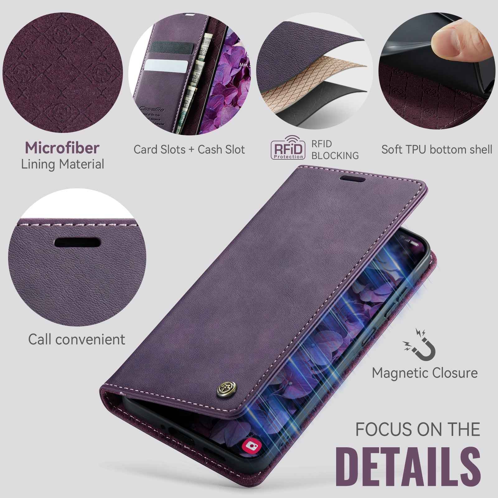 For Samsung Galaxy A57 5G Case CASEME 033 Series RFID Blocking Wallet Stand Calf Texture Leather Phone Cover - Purple