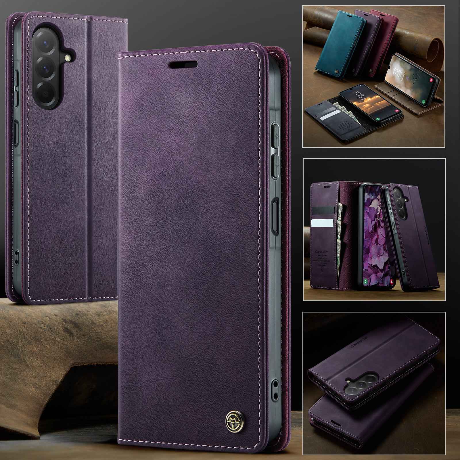 For Samsung Galaxy A57 5G Case CASEME 033 Series RFID Blocking Wallet Stand Calf Texture Leather Phone Cover - Purple