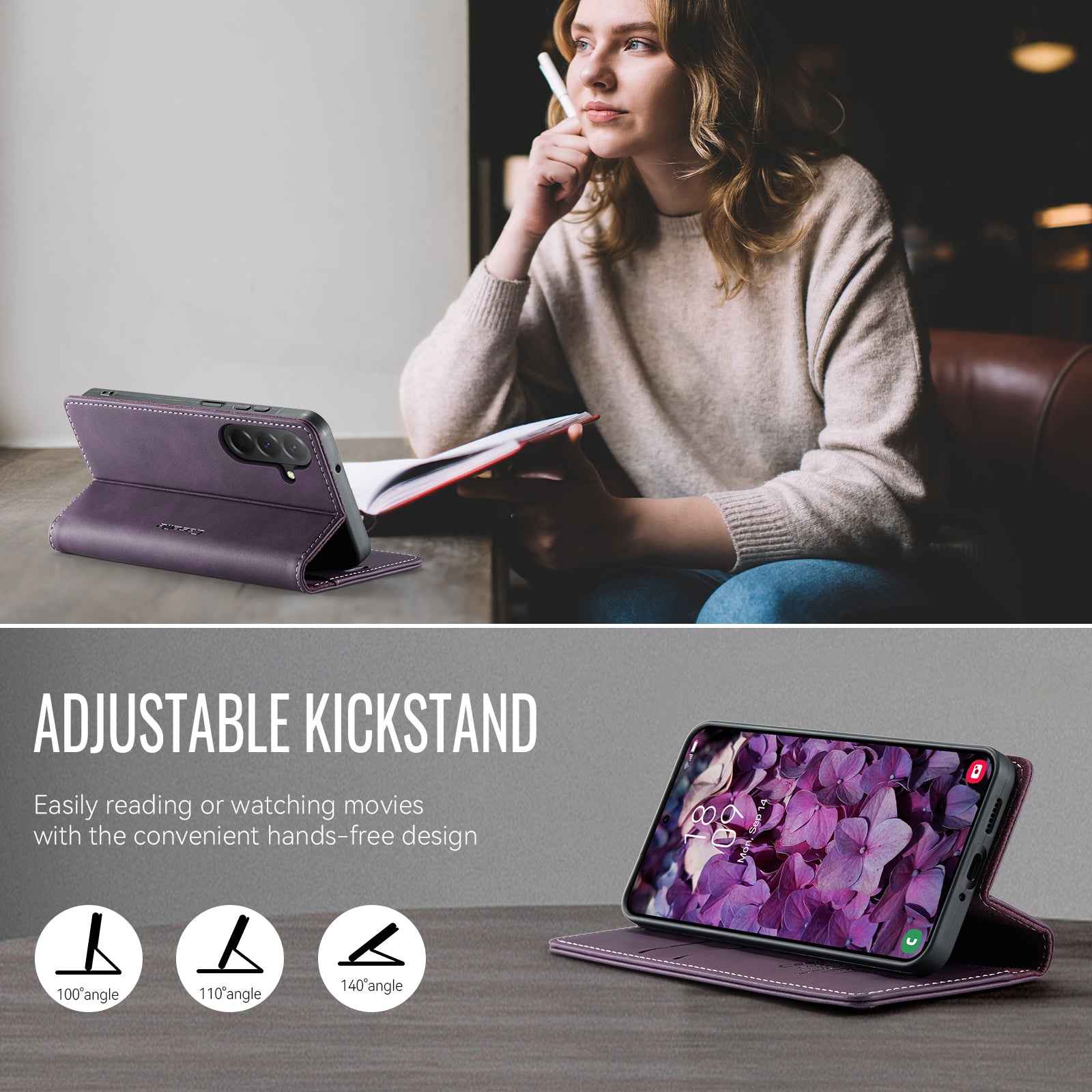 For Samsung Galaxy A57 5G Case CASEME 033 Series RFID Blocking Wallet Stand Calf Texture Leather Phone Cover - Purple