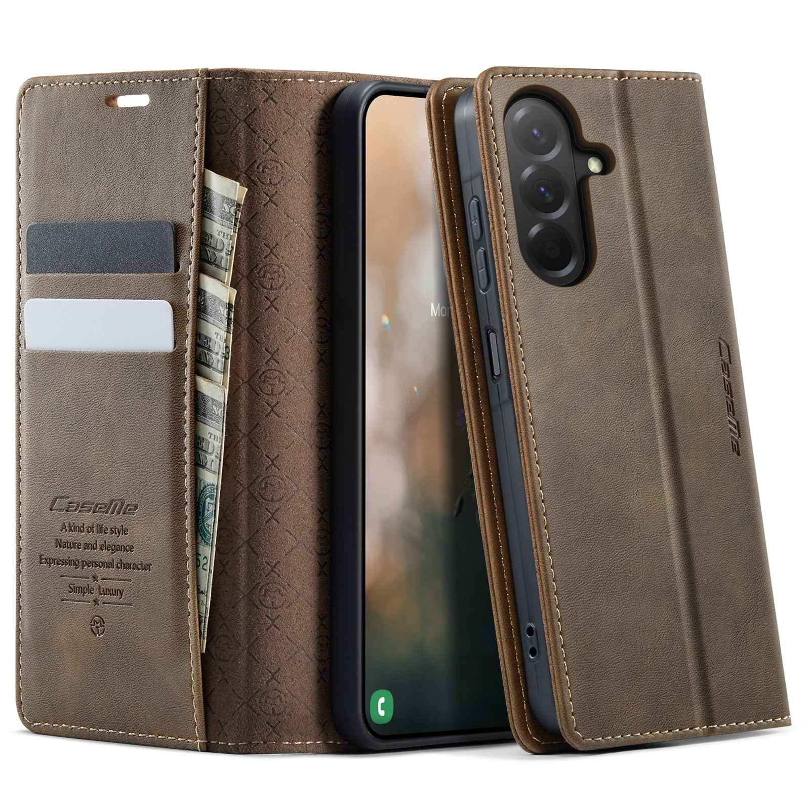 For Samsung Galaxy A57 5G Case CASEME 033 Series RFID Blocking Wallet Stand Calf Texture Leather Phone Cover - Coffee