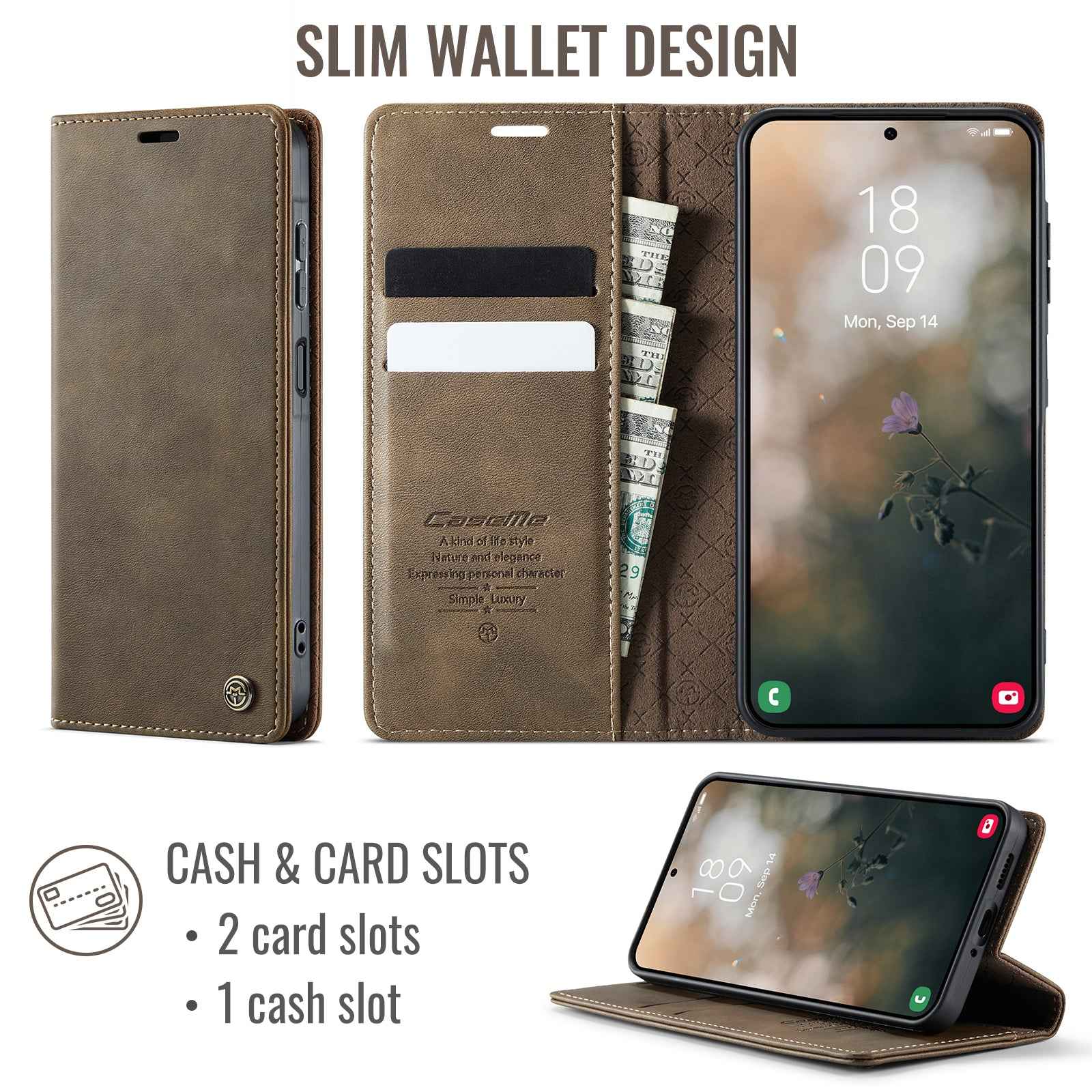 For Samsung Galaxy A57 5G Case CASEME 033 Series RFID Blocking Wallet Stand Calf Texture Leather Phone Cover - Coffee