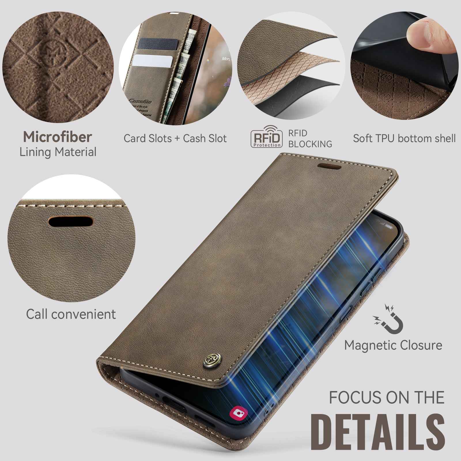 For Samsung Galaxy A57 5G Case CASEME 033 Series RFID Blocking Wallet Stand Calf Texture Leather Phone Cover - Coffee