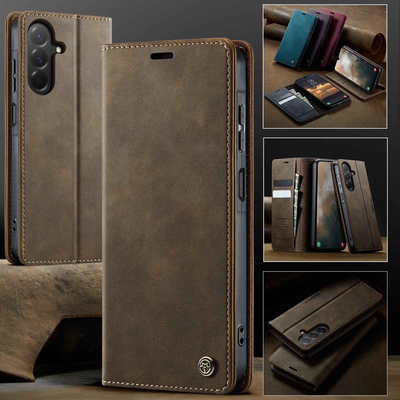 For Samsung Galaxy A57 5G Case CASEME 033 Series RFID Blocking Wallet Stand Calf Texture Leather Phone Cover - Coffee