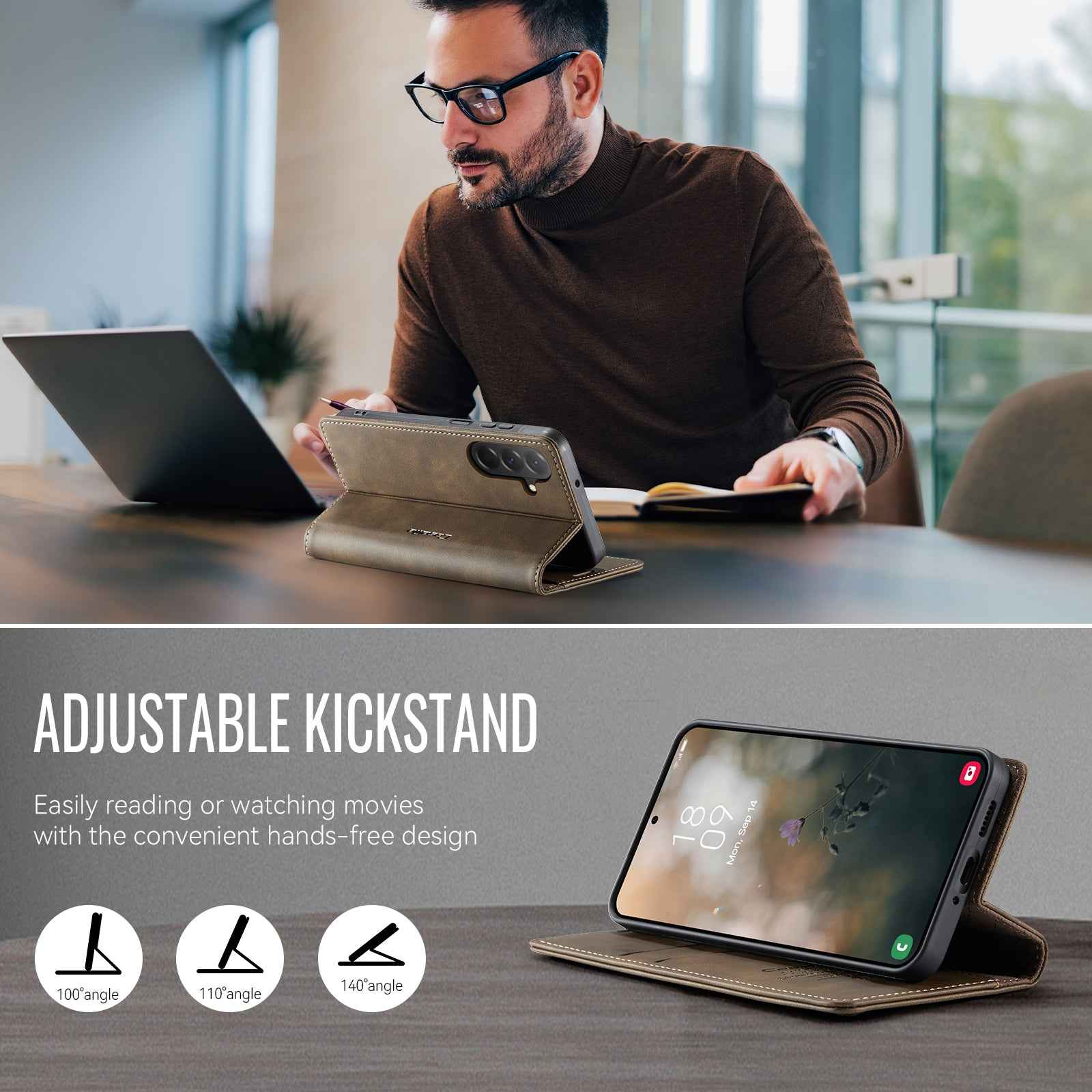 For Samsung Galaxy A57 5G Case CASEME 033 Series RFID Blocking Wallet Stand Calf Texture Leather Phone Cover - Coffee