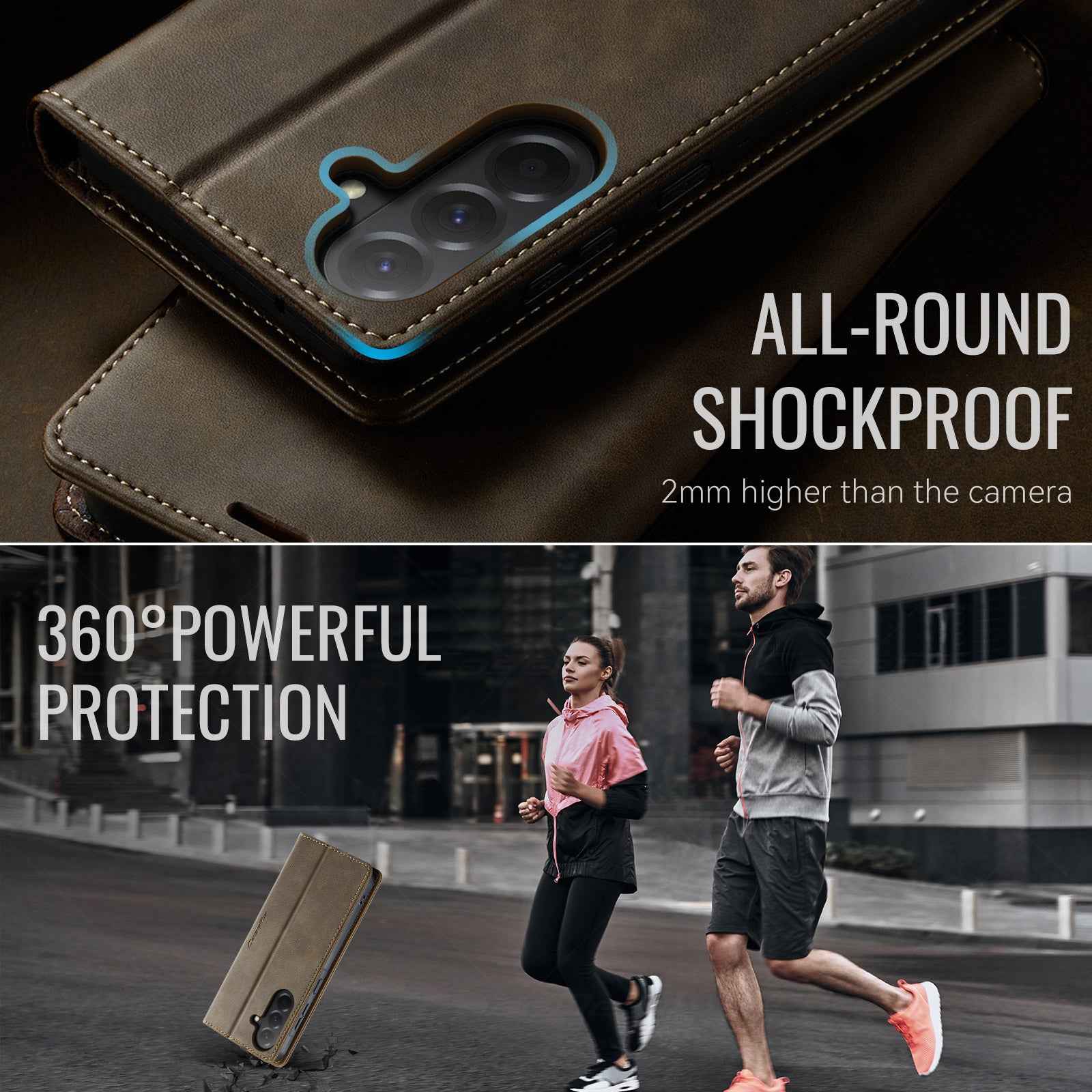 For Samsung Galaxy A57 5G Case CASEME 033 Series RFID Blocking Wallet Stand Calf Texture Leather Phone Cover - Coffee