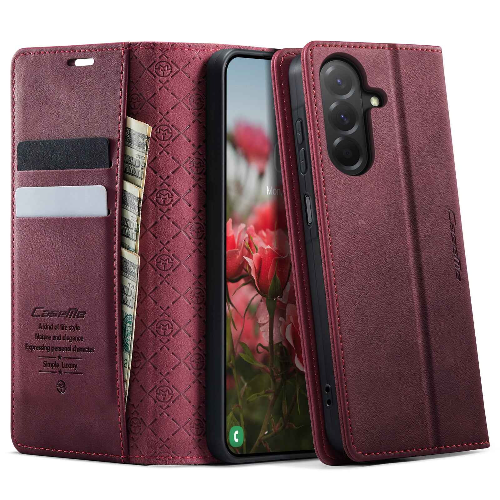 For Samsung Galaxy A57 5G Case CASEME 033 Series RFID Blocking Wallet Stand Calf Texture Leather Phone Cover - Red