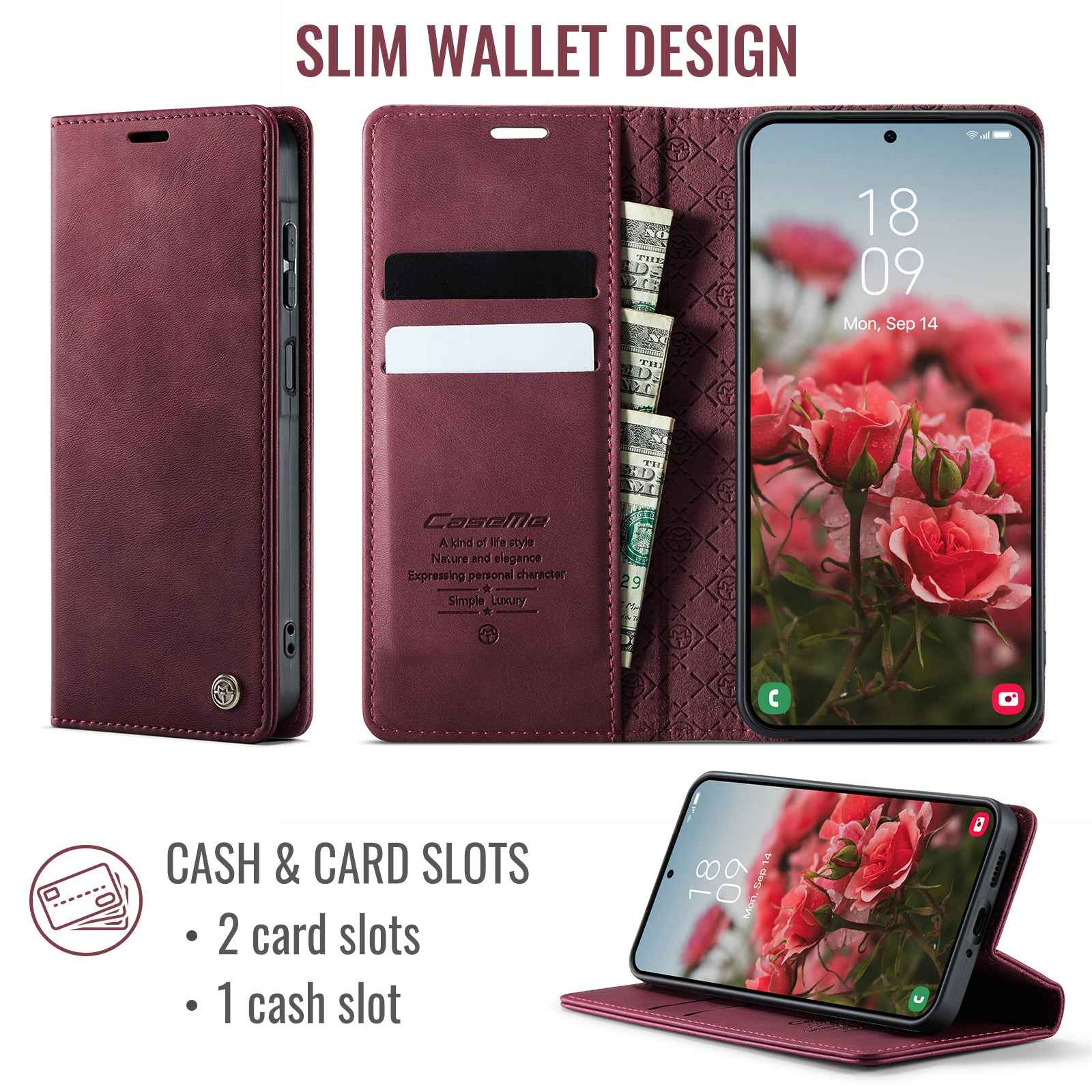For Samsung Galaxy A57 5G Case CASEME 033 Series RFID Blocking Wallet Stand Calf Texture Leather Phone Cover - Red