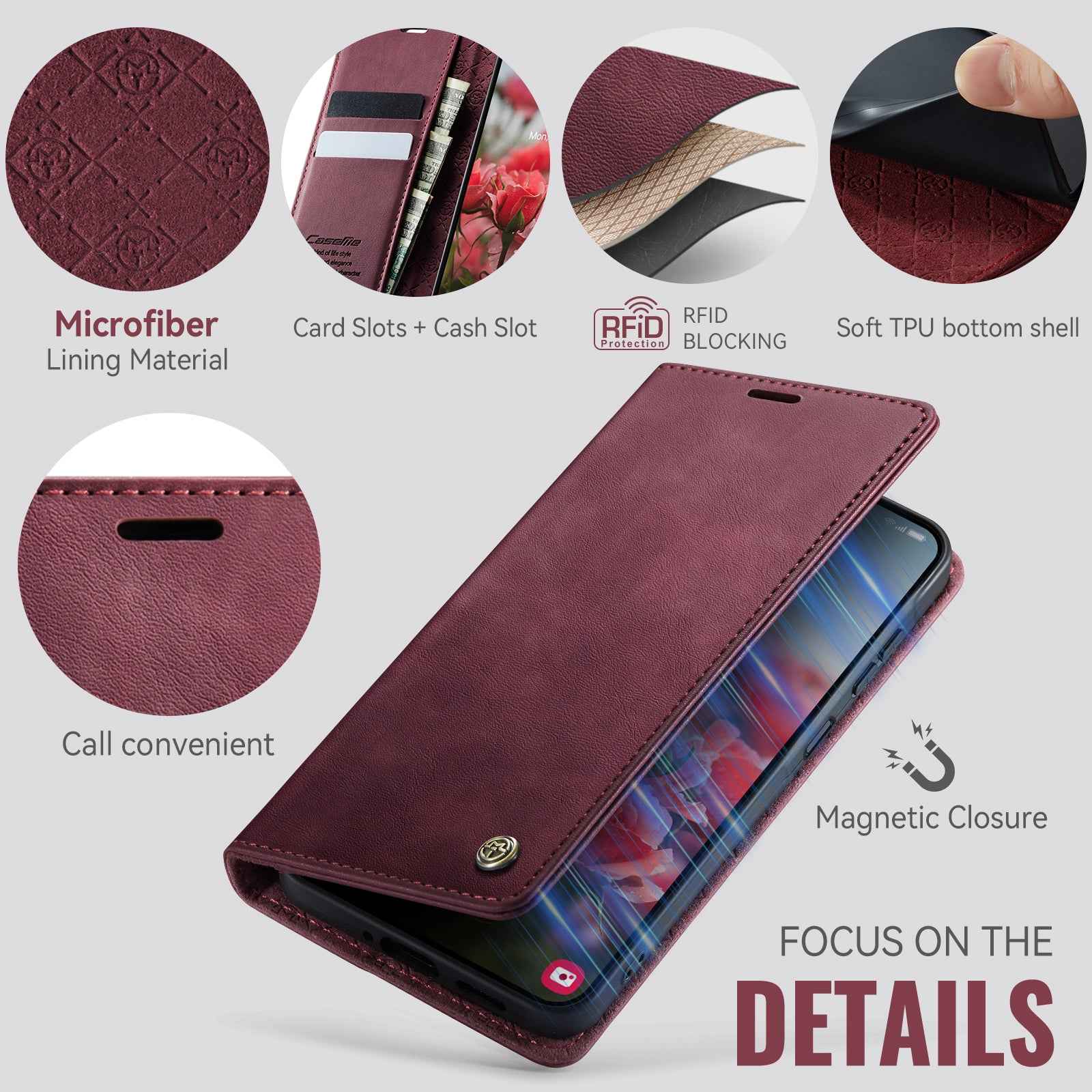 For Samsung Galaxy A57 5G Case CASEME 033 Series RFID Blocking Wallet Stand Calf Texture Leather Phone Cover - Red