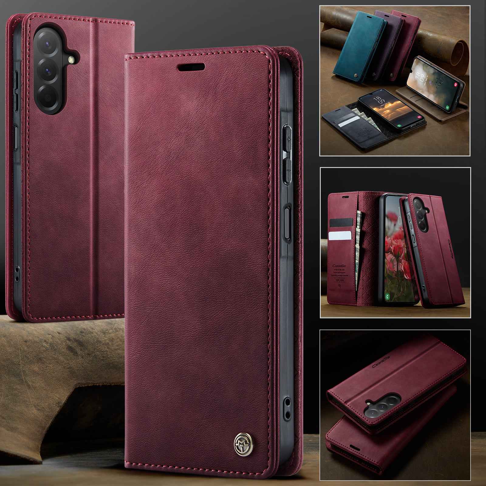For Samsung Galaxy A57 5G Case CASEME 033 Series RFID Blocking Wallet Stand Calf Texture Leather Phone Cover - Red