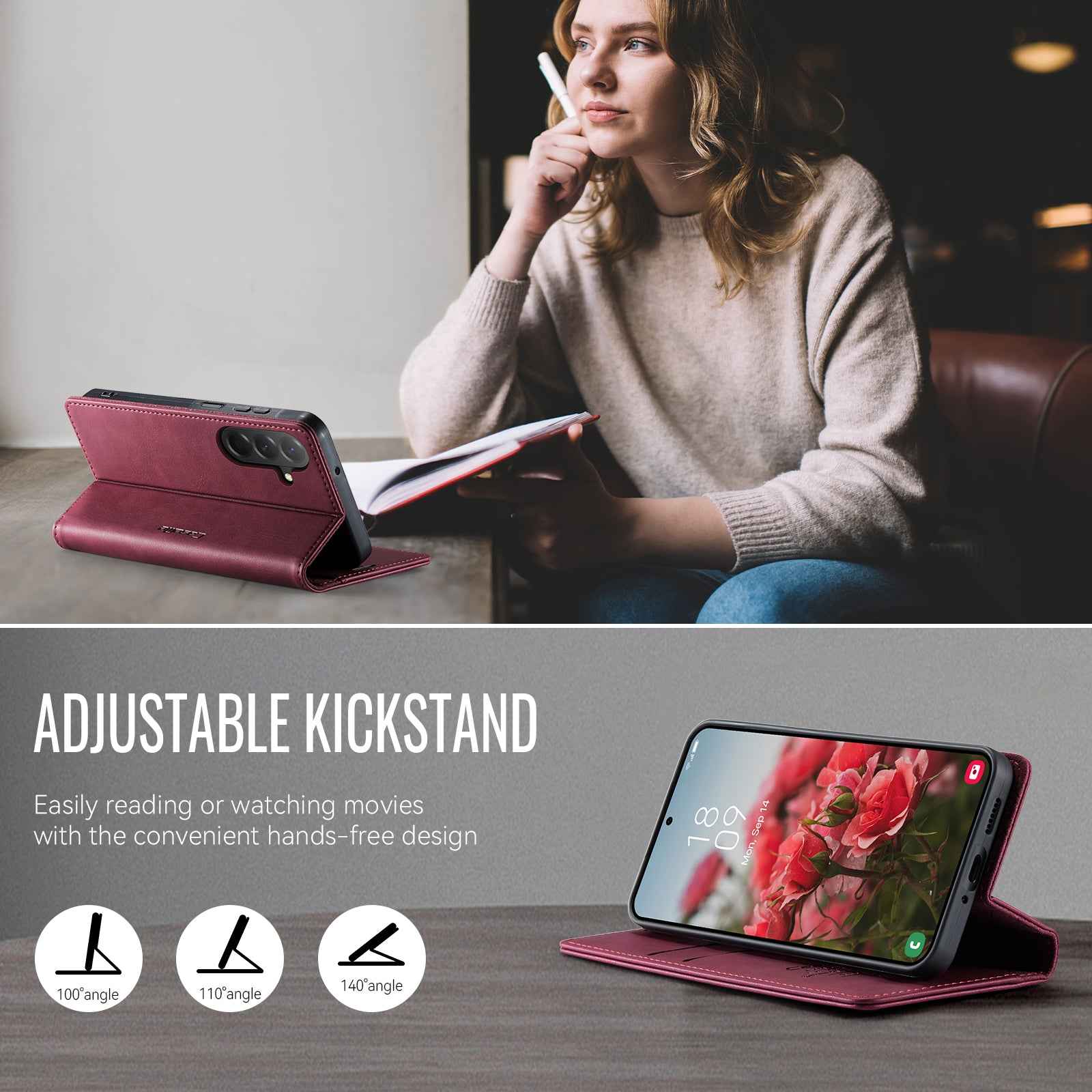 For Samsung Galaxy A57 5G Case CASEME 033 Series RFID Blocking Wallet Stand Calf Texture Leather Phone Cover - Red