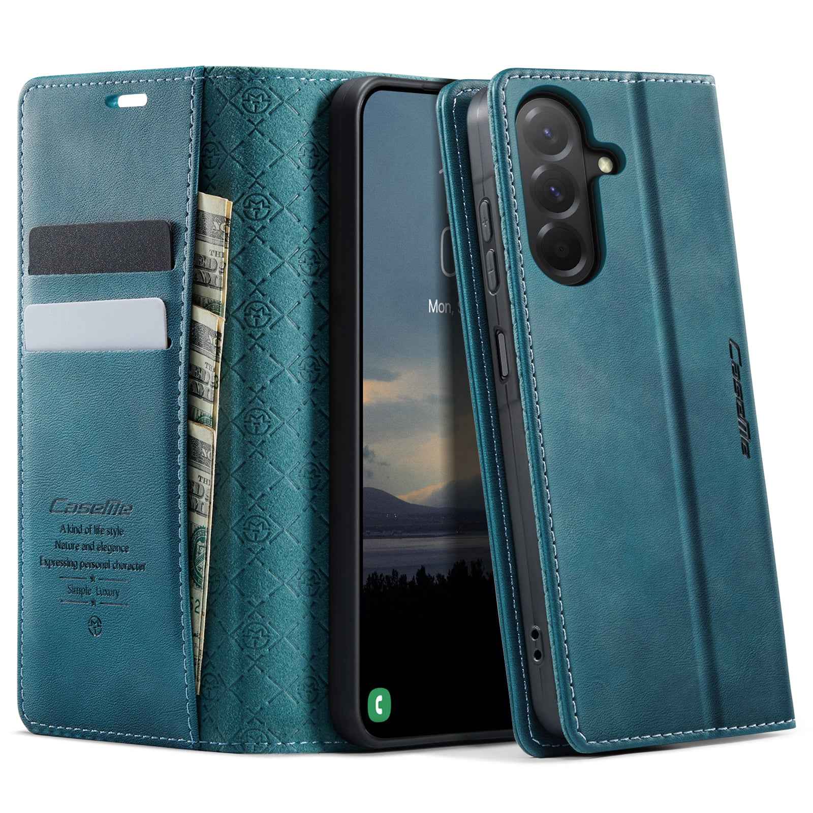 For Samsung Galaxy A57 5G Case CASEME 033 Series RFID Blocking Wallet Stand Calf Texture Leather Phone Cover - Green
